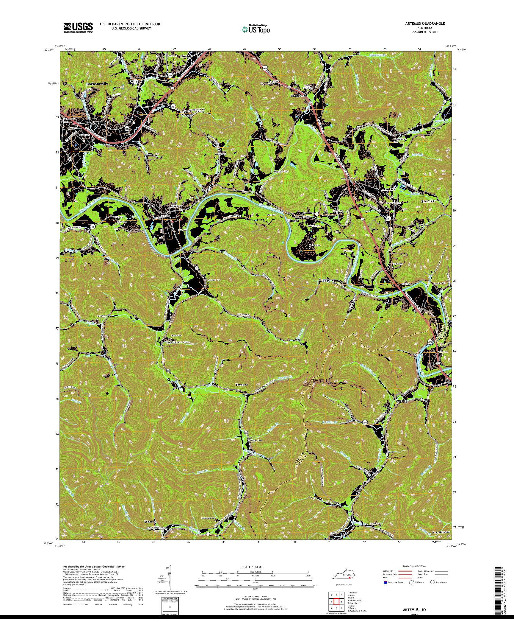 USGS US TOPO 7.5-MINUTE MAP FOR ARTEMUS, KY 2019