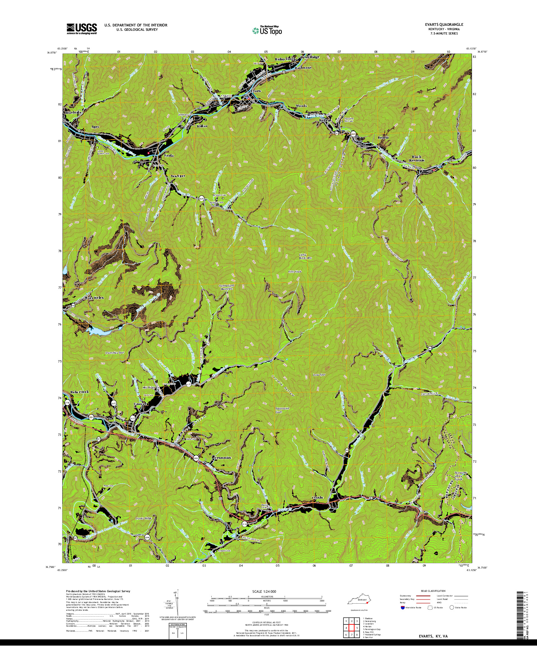 USGS US TOPO 7.5-MINUTE MAP FOR EVARTS, KY,VA 2019