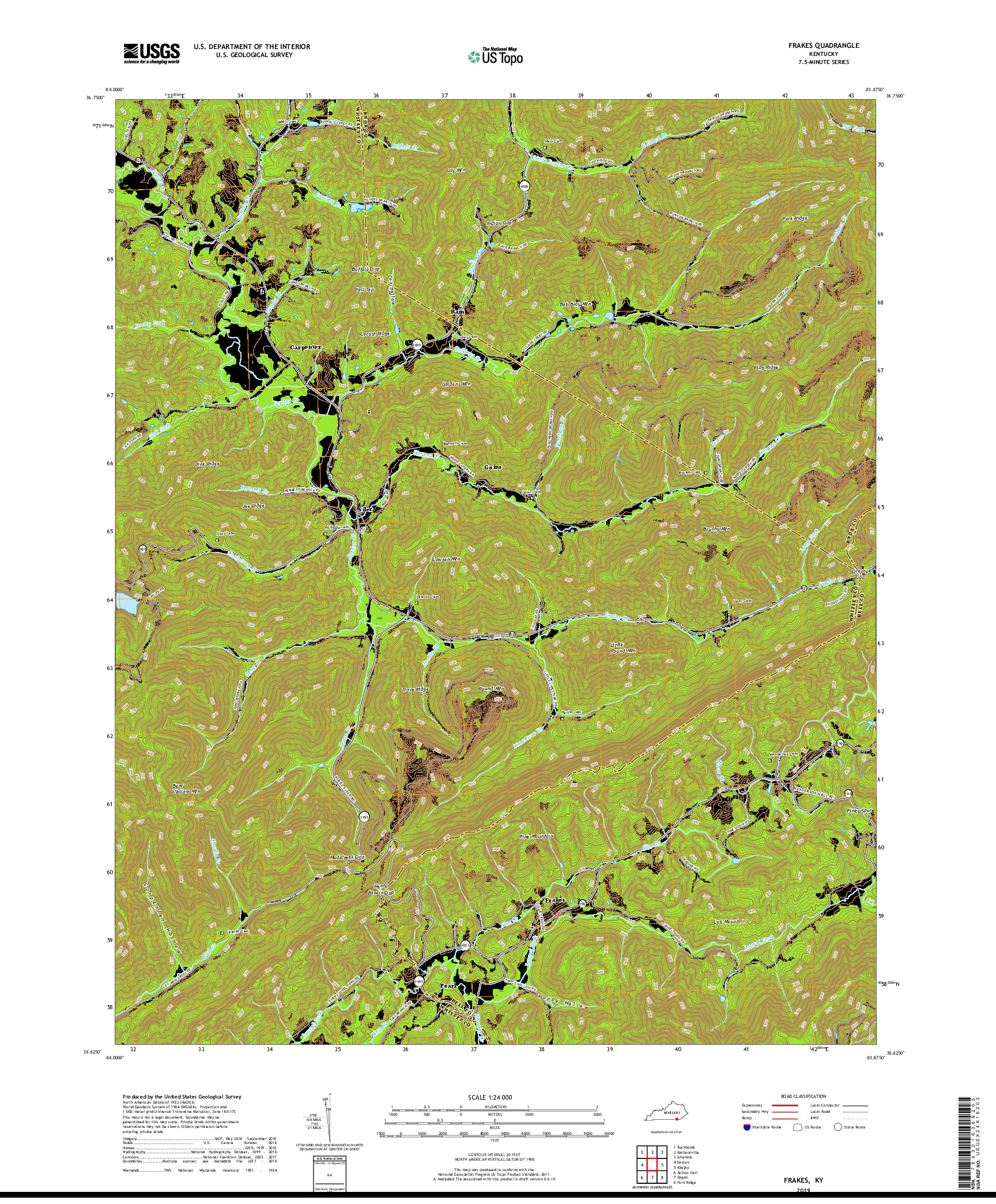 USGS US TOPO 7.5-MINUTE MAP FOR FRAKES, KY 2019