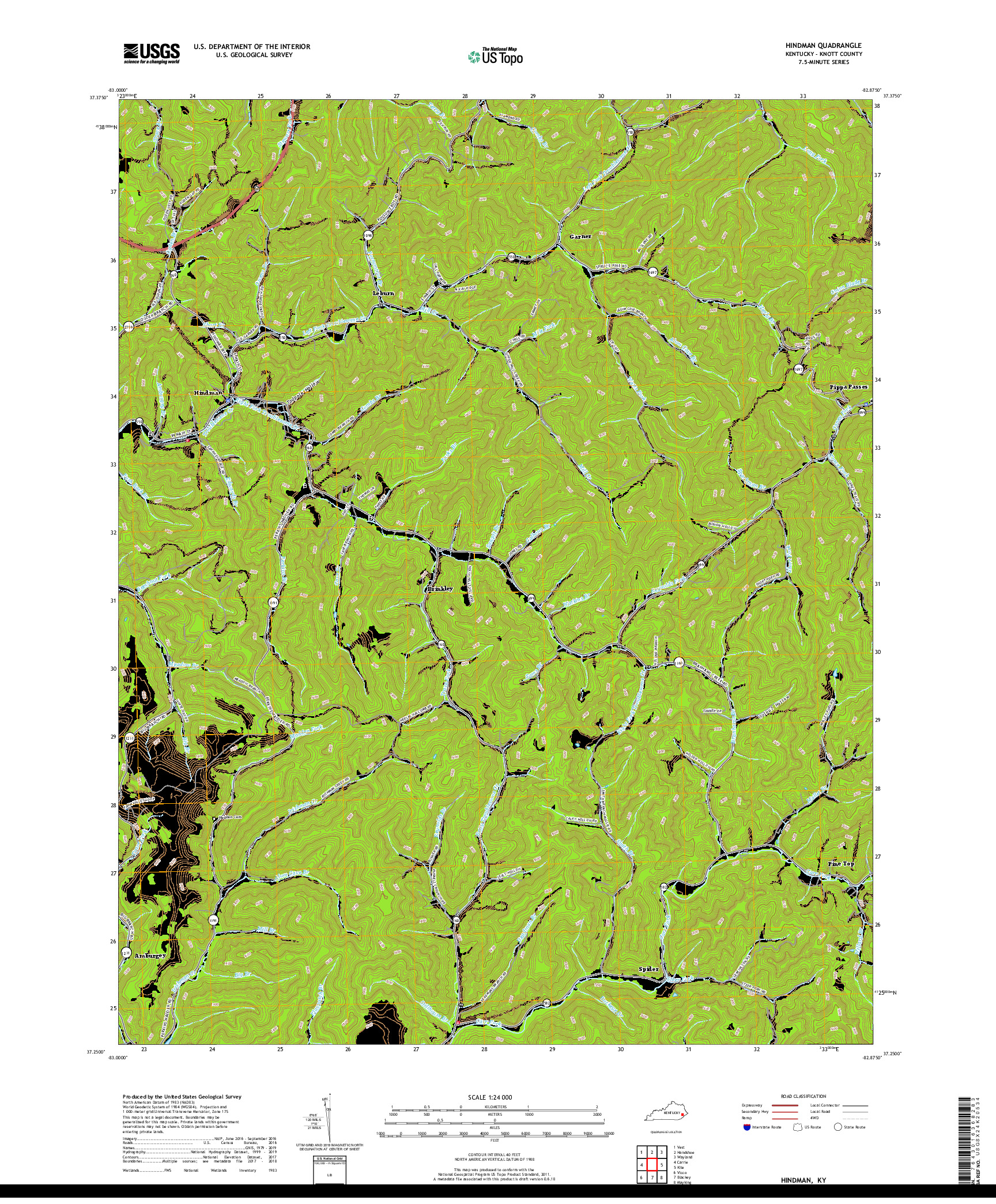 USGS US TOPO 7.5-MINUTE MAP FOR HINDMAN, KY 2019