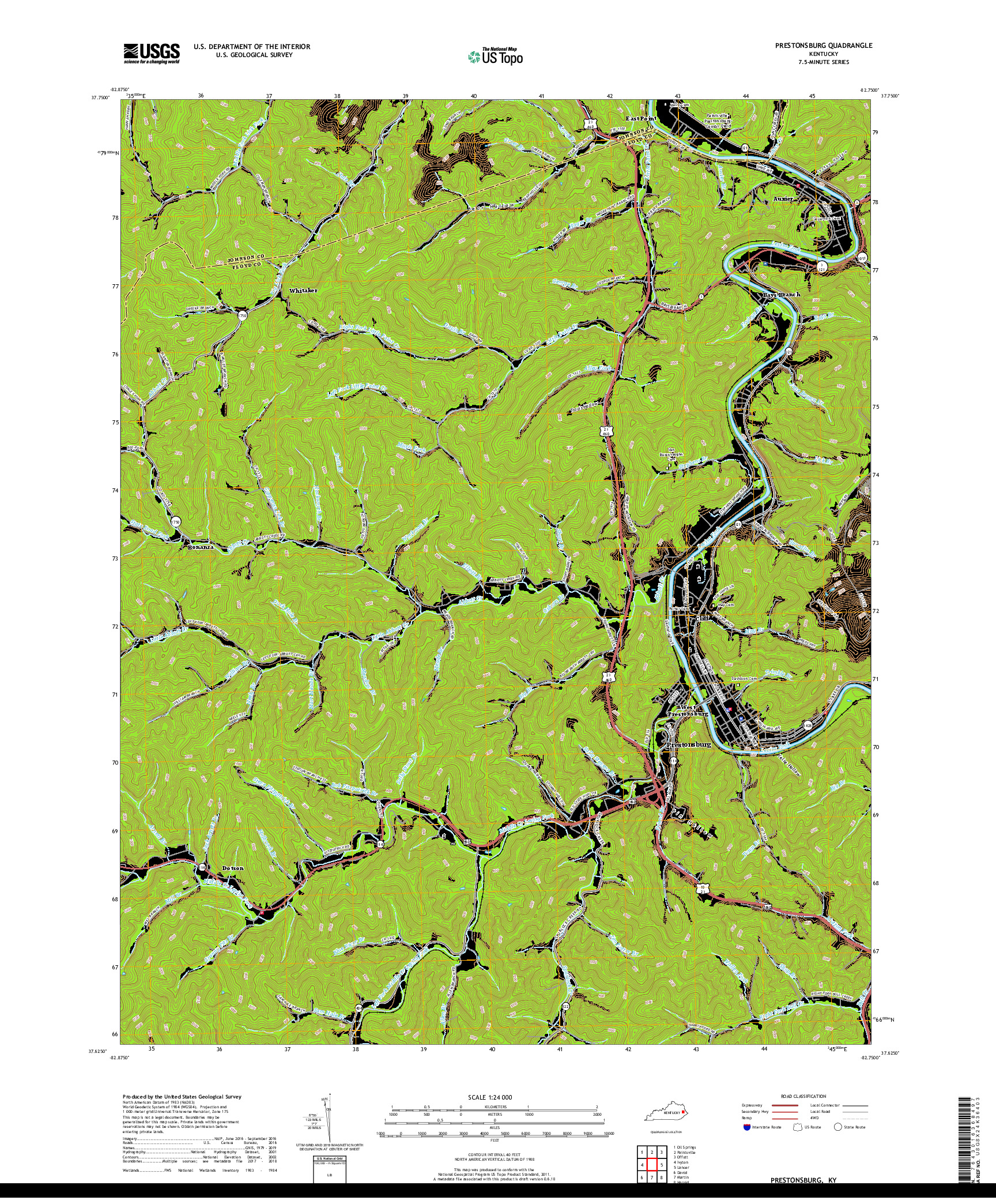 USGS US TOPO 7.5-MINUTE MAP FOR PRESTONSBURG, KY 2019