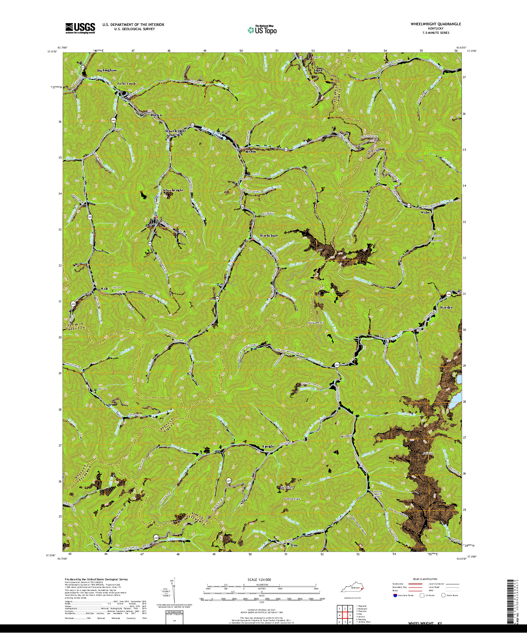 USGS US TOPO 7.5-MINUTE MAP FOR WHEELWRIGHT, KY 2019