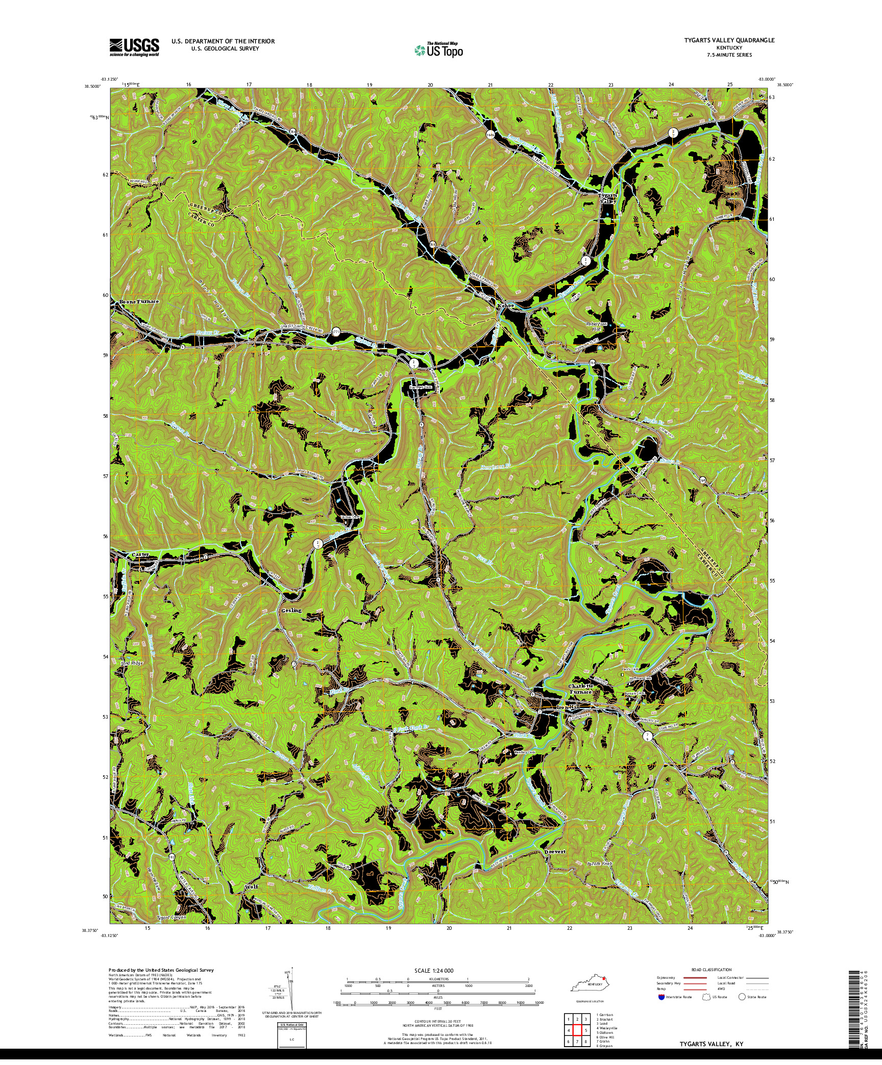 USGS US TOPO 7.5-MINUTE MAP FOR TYGARTS VALLEY, KY 2019