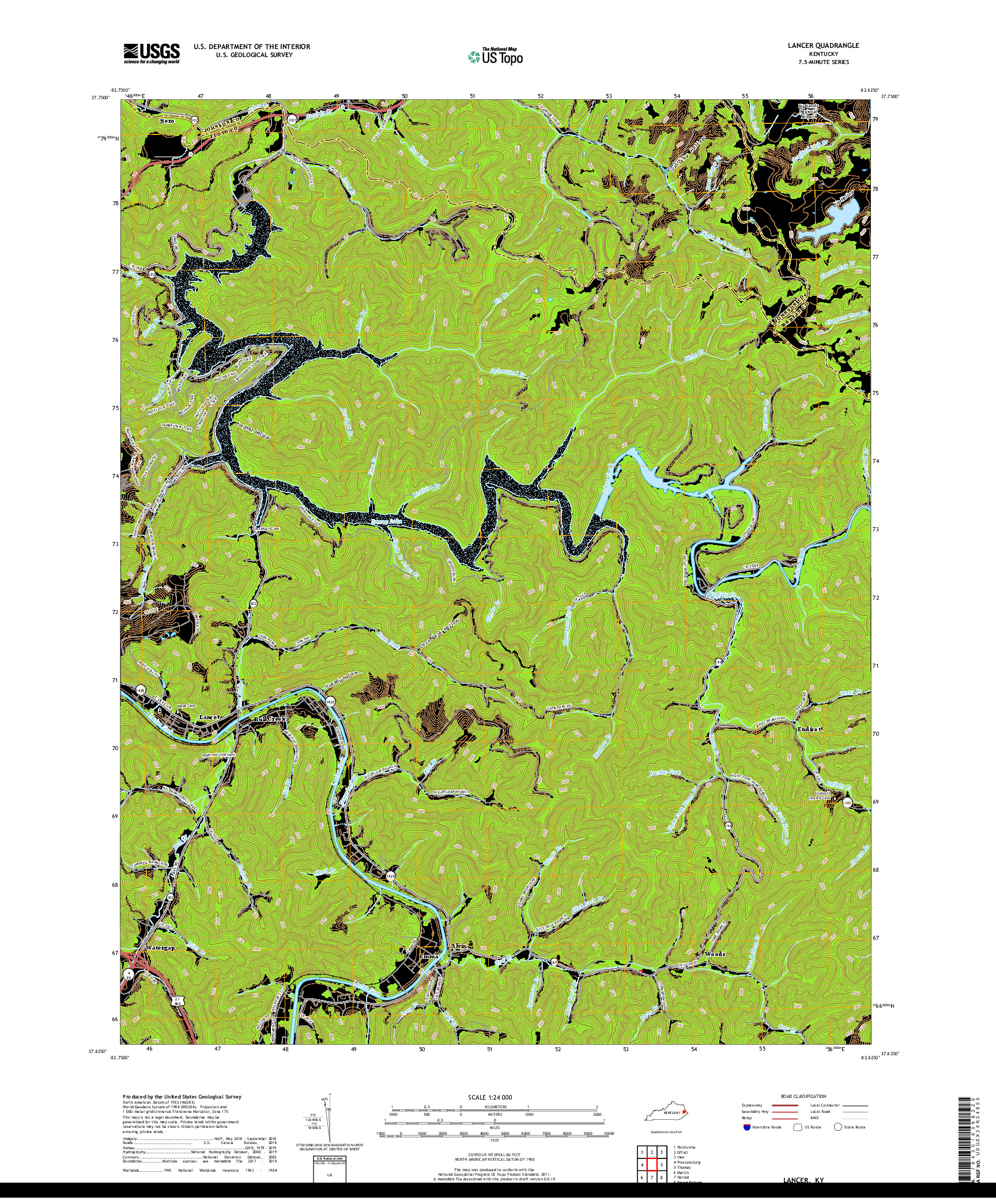 USGS US TOPO 7.5-MINUTE MAP FOR LANCER, KY 2019