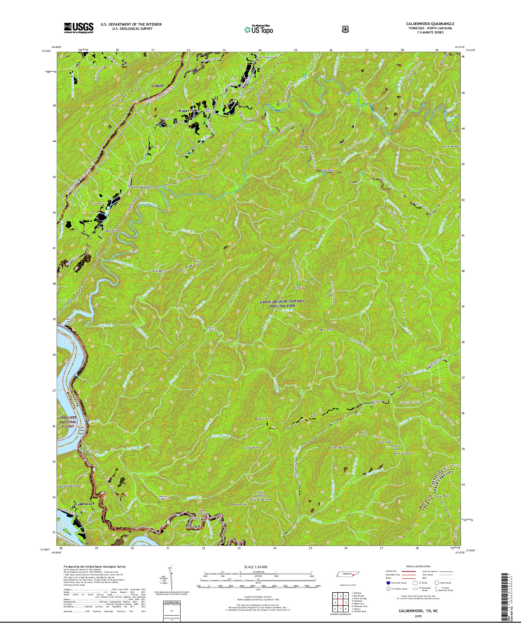 USGS US TOPO 7.5-MINUTE MAP FOR CALDERWOOD, TN,NC 2019