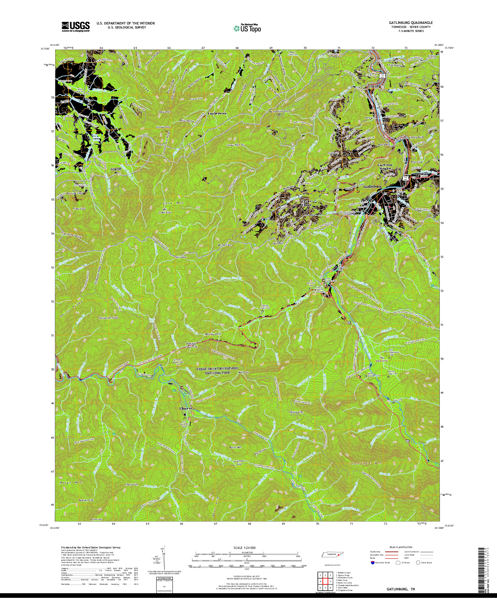 USGS US TOPO 7.5-MINUTE MAP FOR GATLINBURG, TN 2019