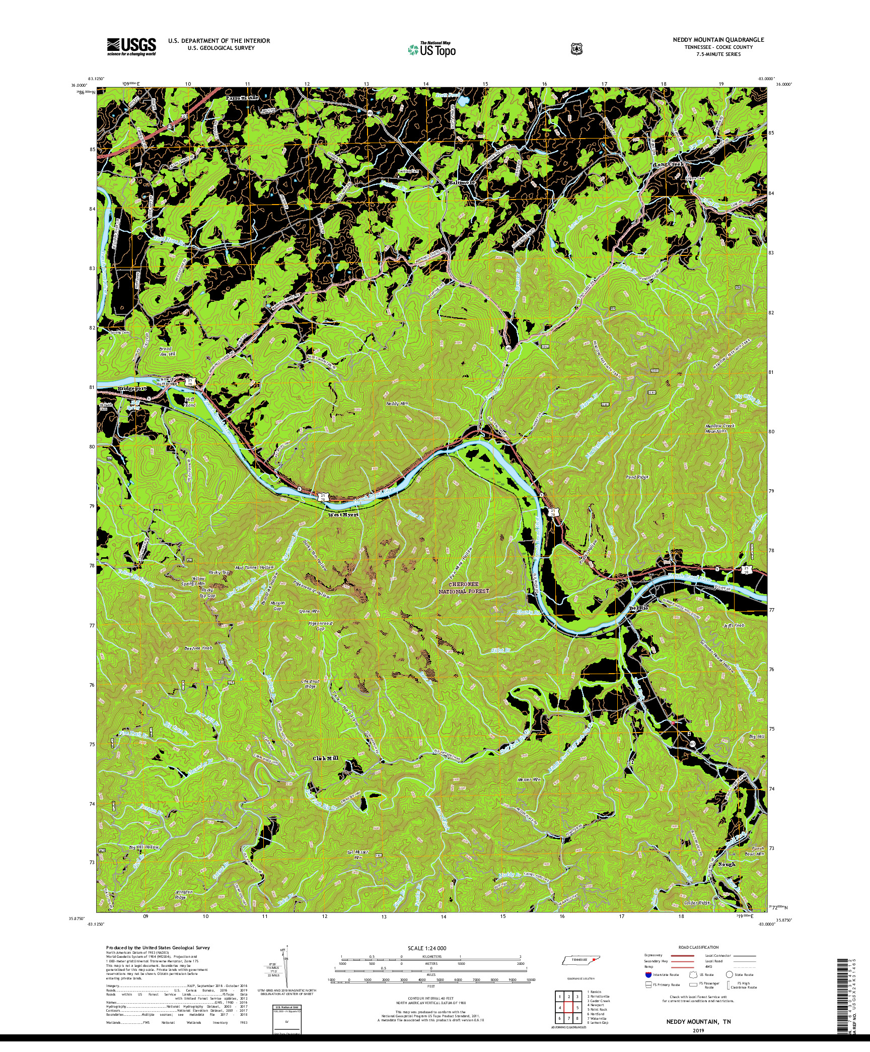 USGS US TOPO 7.5-MINUTE MAP FOR NEDDY MOUNTAIN, TN 2019