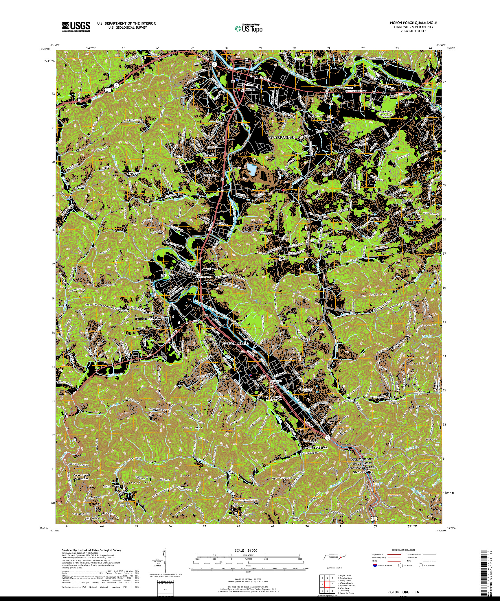 USGS US TOPO 7.5-MINUTE MAP FOR PIGEON FORGE, TN 2019