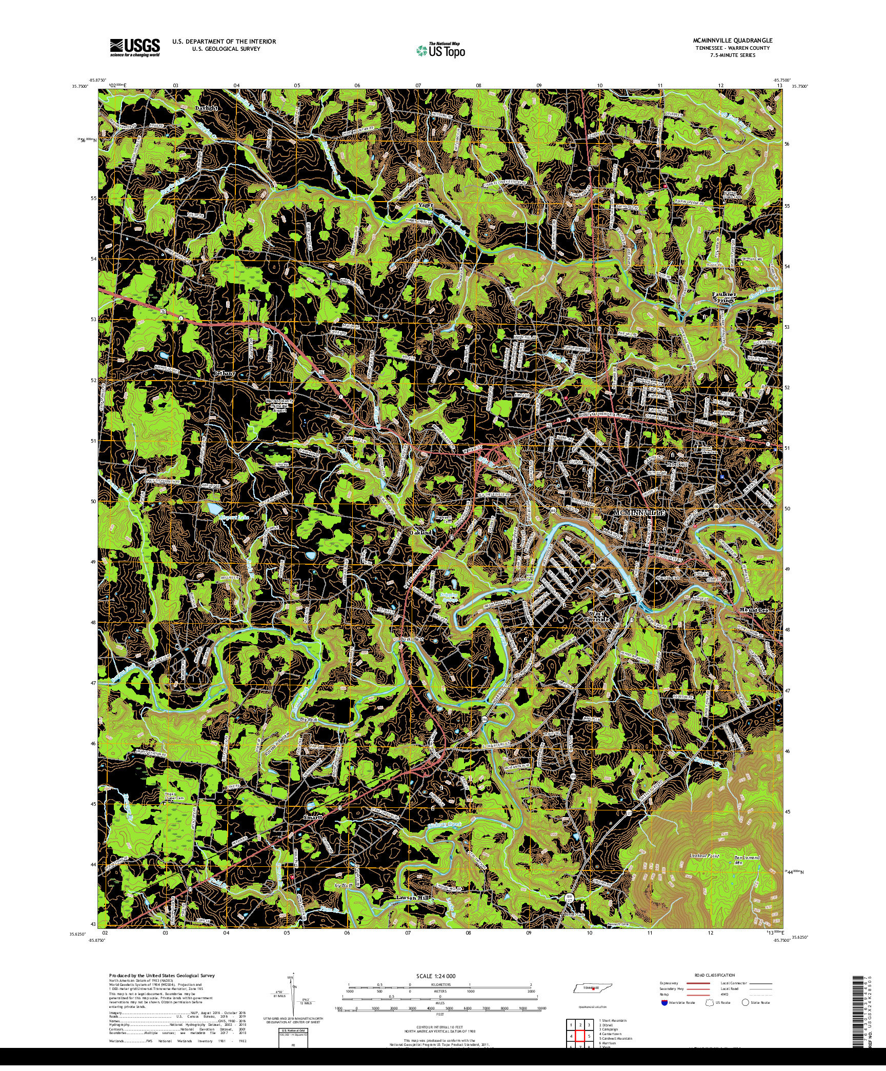 USGS US TOPO 7.5-MINUTE MAP FOR MCMINNVILLE, TN 2019