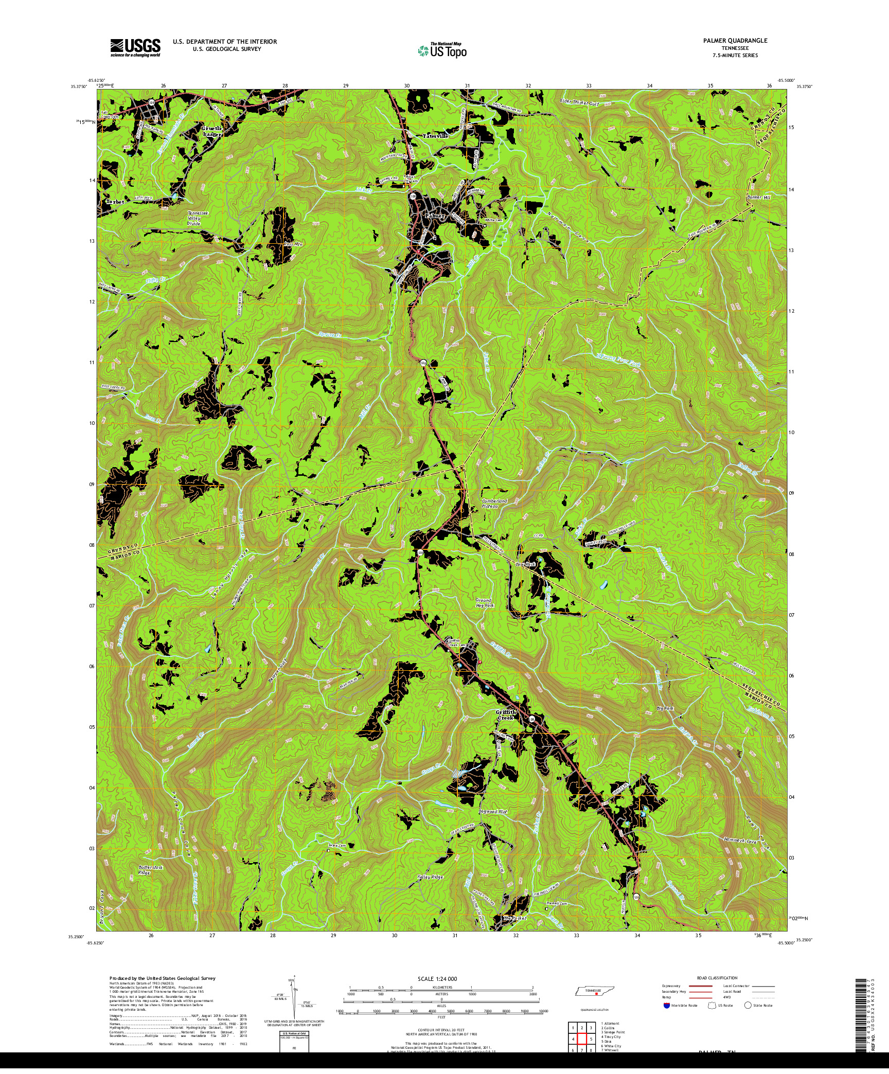 USGS US TOPO 7.5-MINUTE MAP FOR PALMER, TN 2019