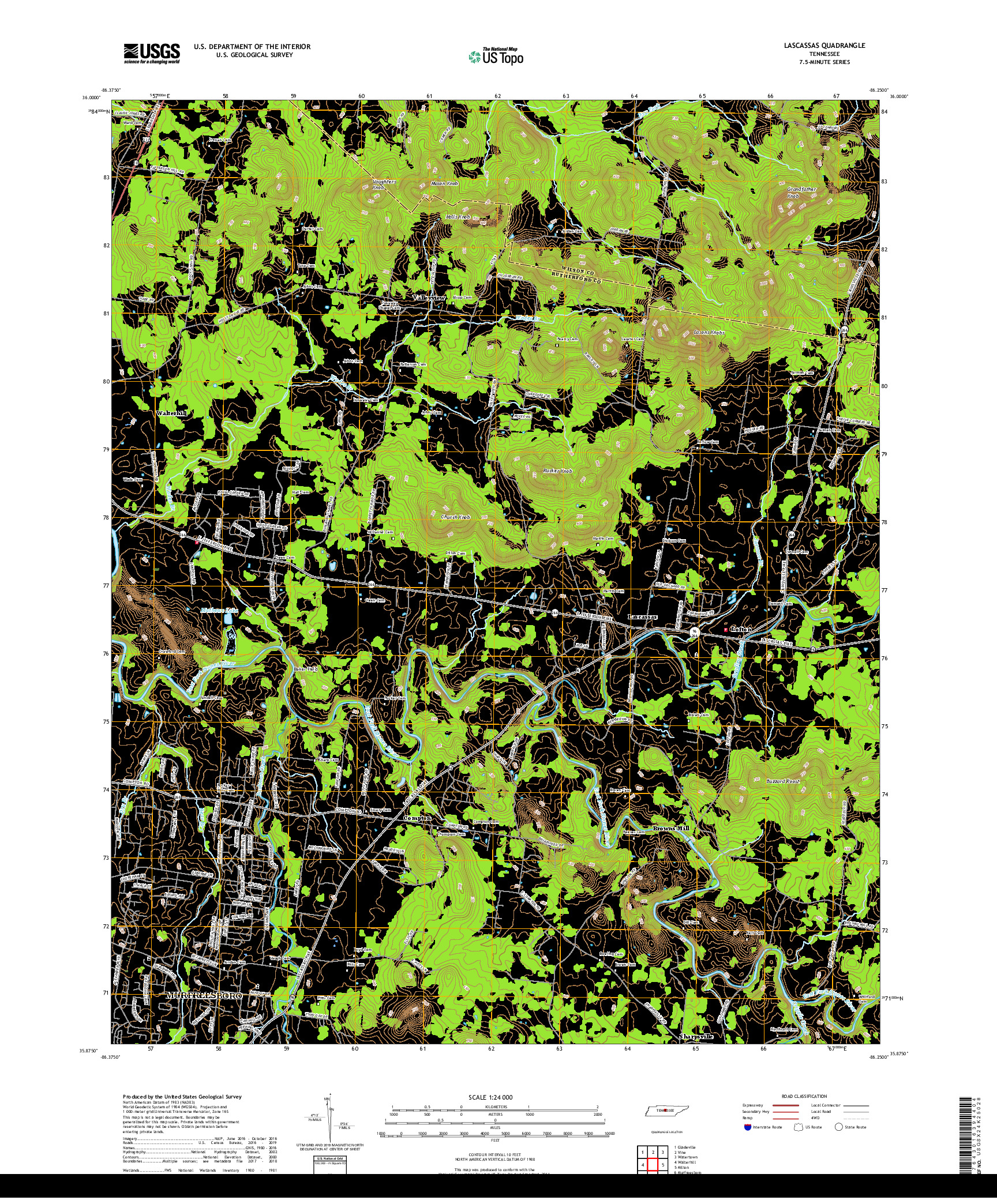 USGS US TOPO 7.5-MINUTE MAP FOR LASCASSAS, TN 2019