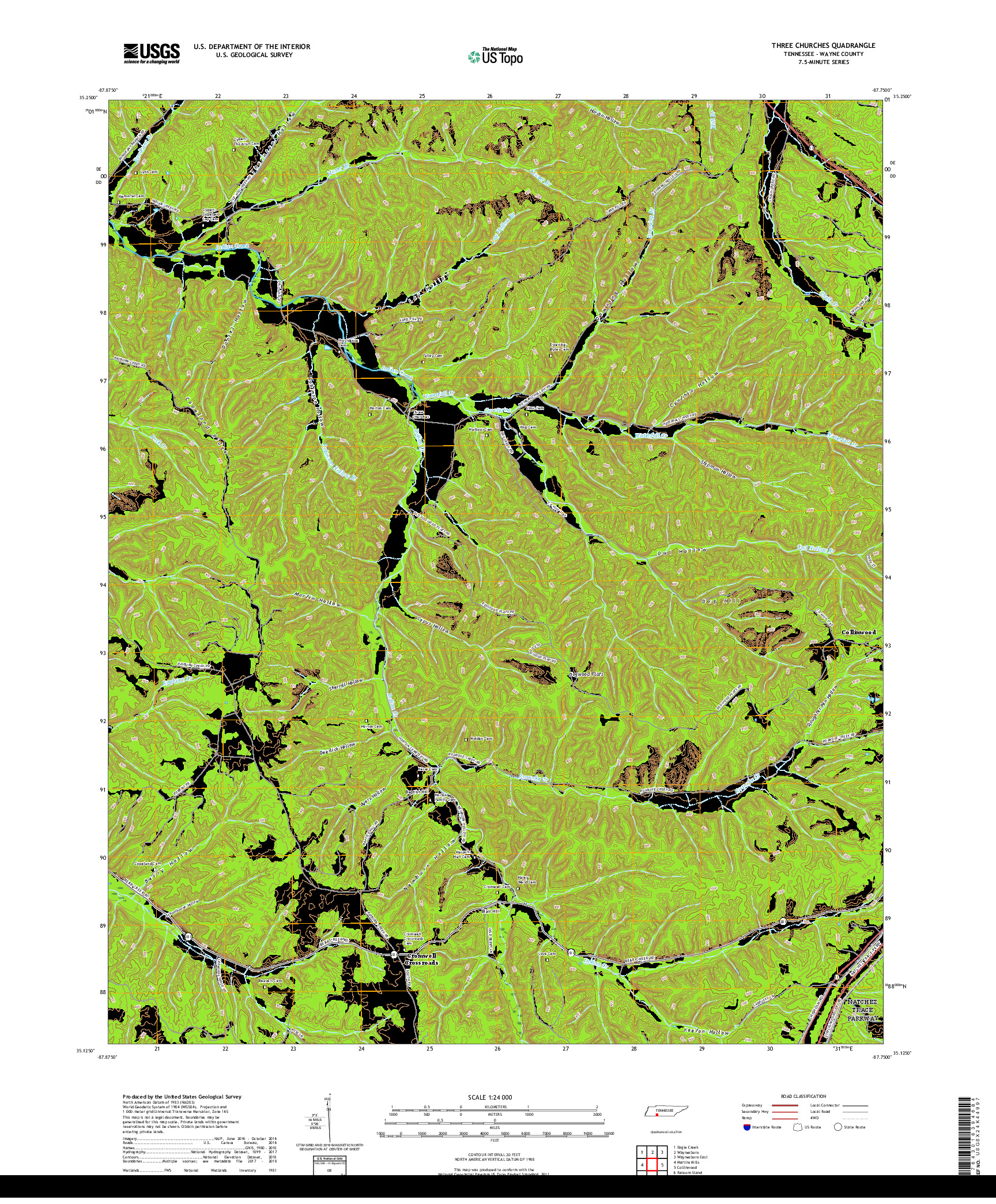 USGS US TOPO 7.5-MINUTE MAP FOR THREE CHURCHES, TN 2019