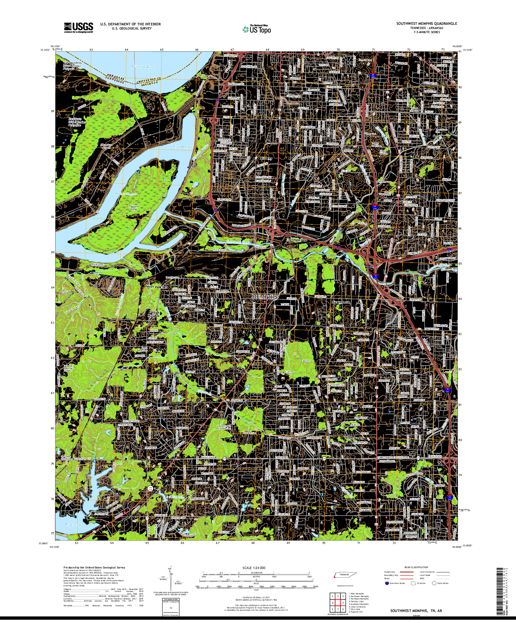 USGS US TOPO 7.5-MINUTE MAP FOR SOUTHWEST MEMPHIS, TN,AR 2019