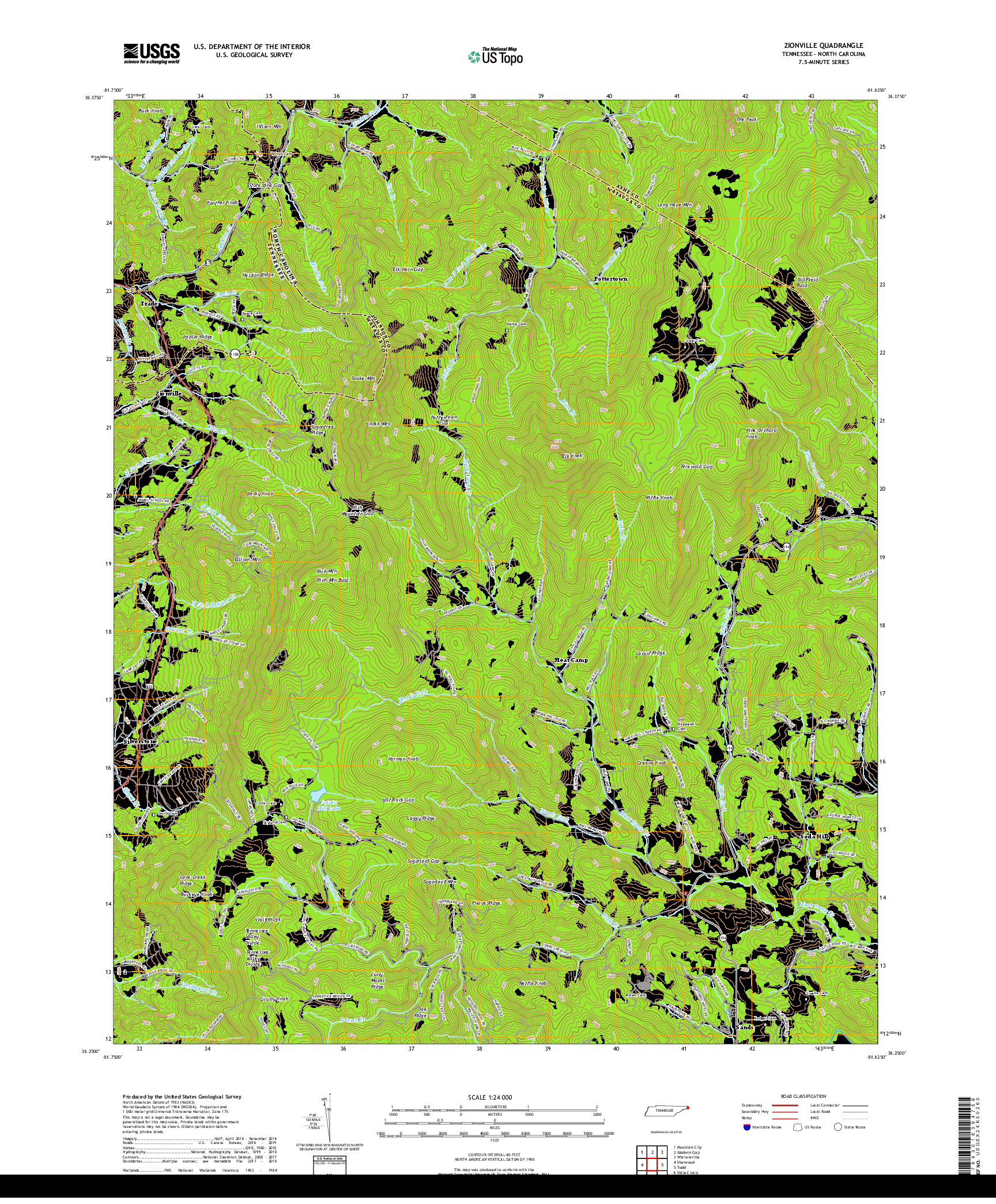 USGS US TOPO 7.5-MINUTE MAP FOR ZIONVILLE, TN,NC 2019