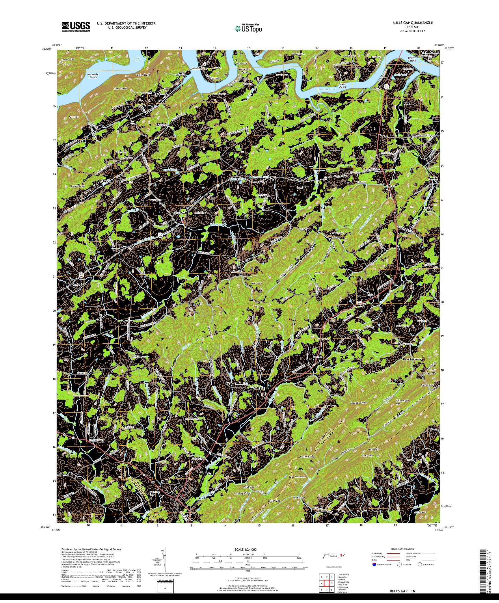 USGS US TOPO 7.5-MINUTE MAP FOR BULLS GAP, TN 2019