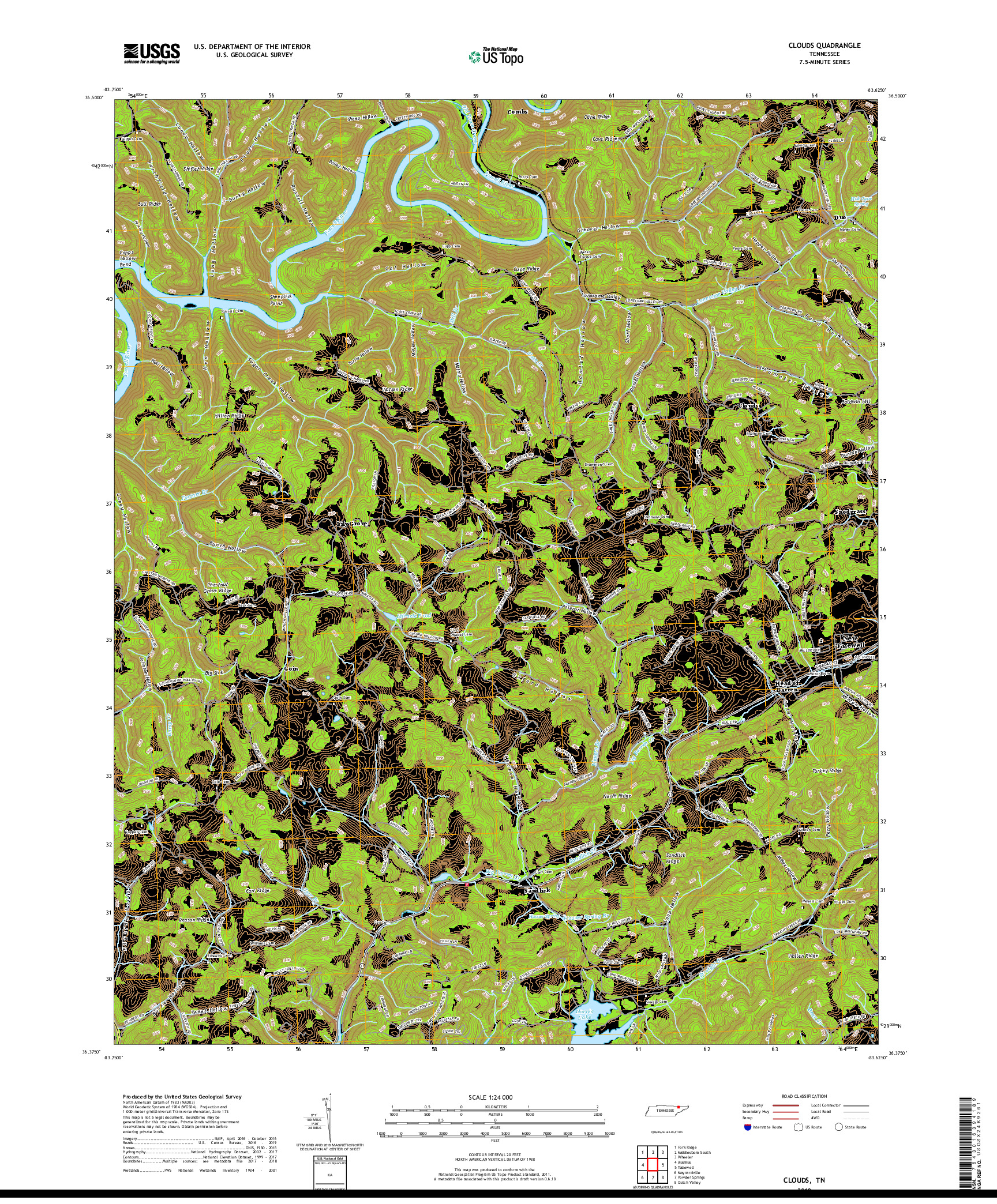 USGS US TOPO 7.5-MINUTE MAP FOR CLOUDS, TN 2019