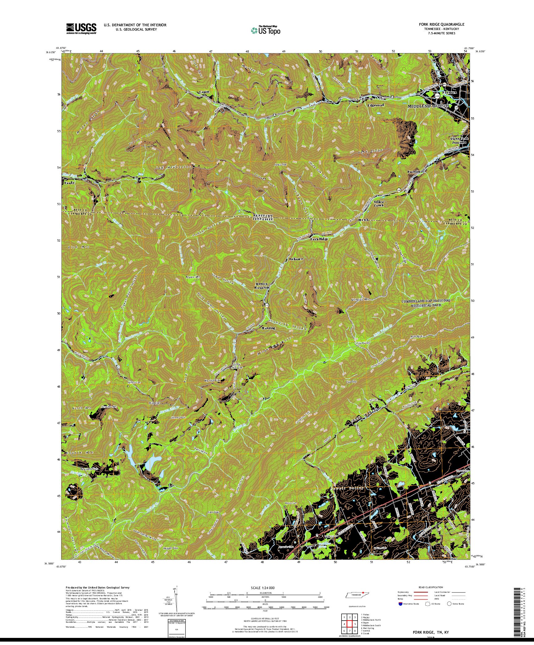USGS US TOPO 7.5-MINUTE MAP FOR FORK RIDGE, TN,KY 2019