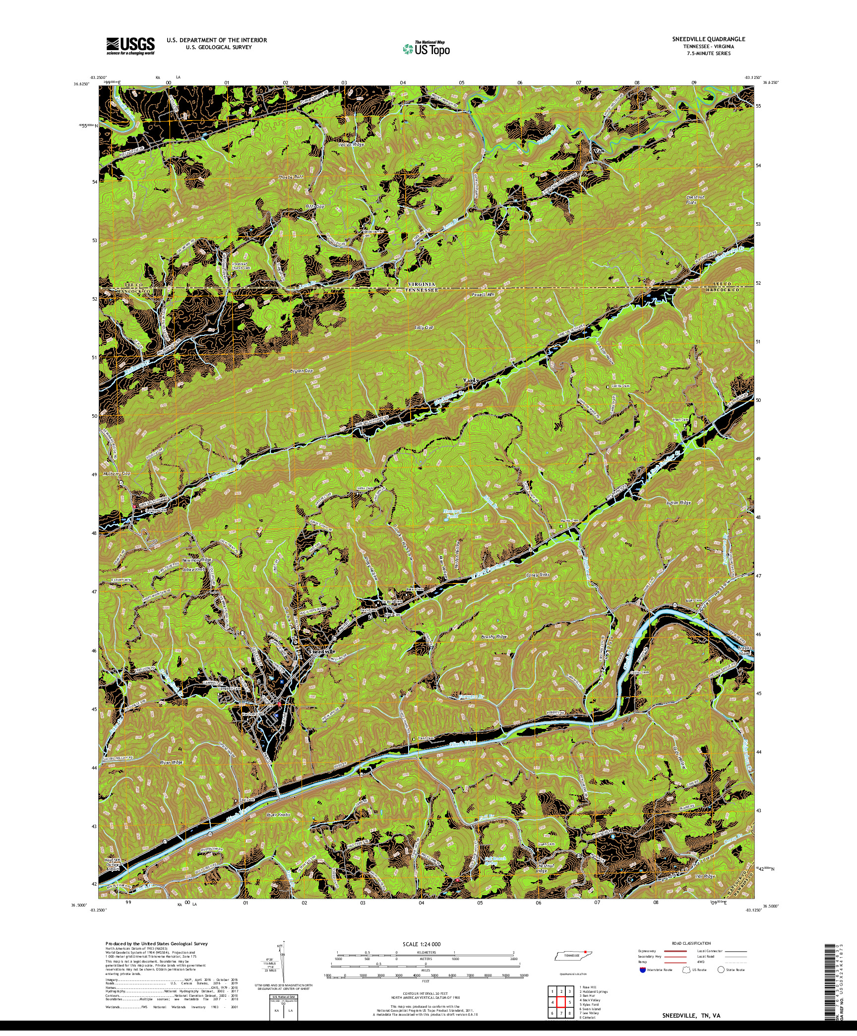 USGS US TOPO 7.5-MINUTE MAP FOR SNEEDVILLE, TN,VA 2019