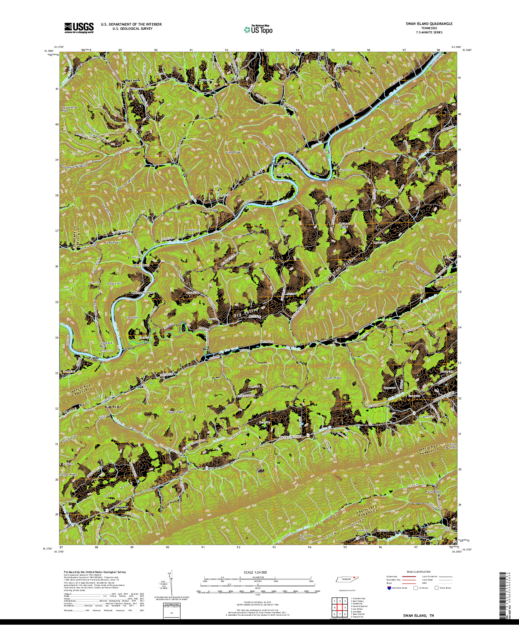 USGS US TOPO 7.5-MINUTE MAP FOR SWAN ISLAND, TN 2019