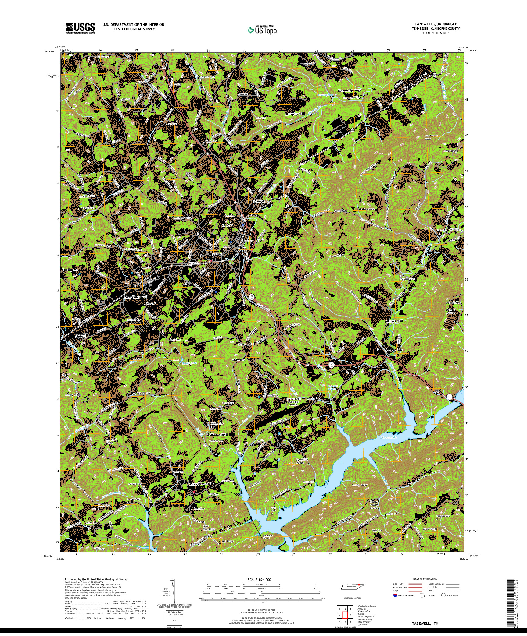 USGS US TOPO 7.5-MINUTE MAP FOR TAZEWELL, TN 2019