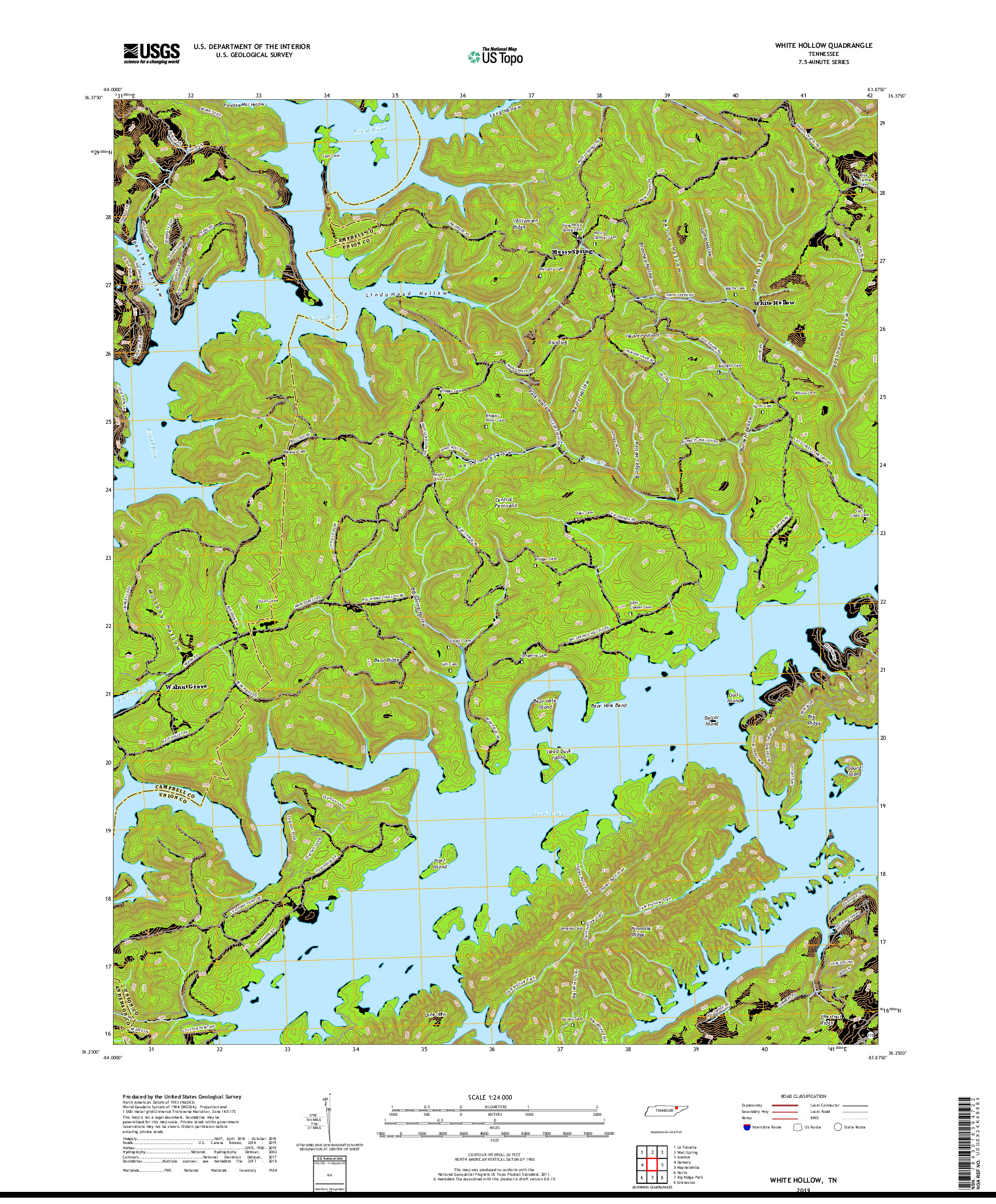 USGS US TOPO 7.5-MINUTE MAP FOR WHITE HOLLOW, TN 2019