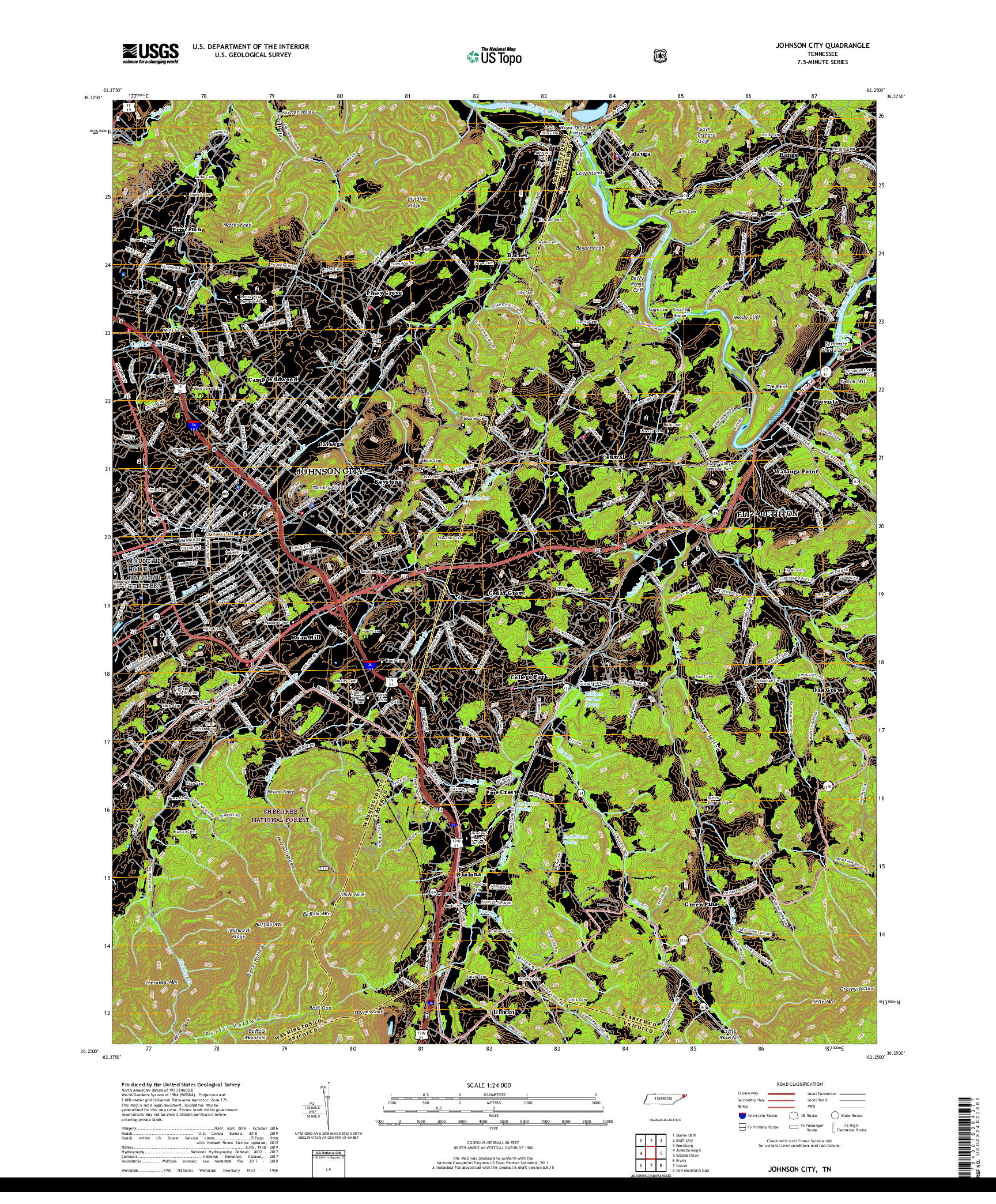 USGS US TOPO 7.5-MINUTE MAP FOR JOHNSON CITY, TN 2019