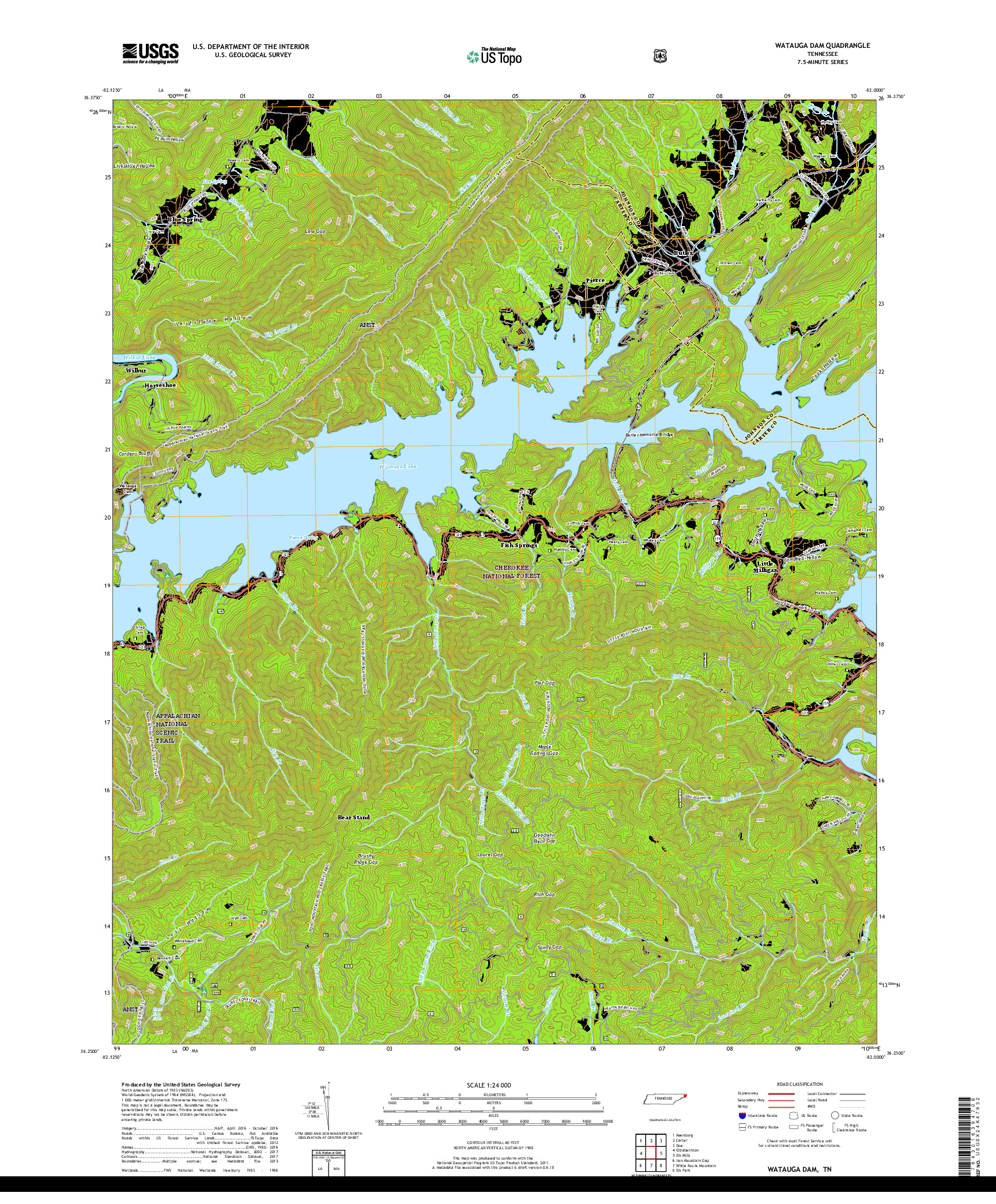 USGS US TOPO 7.5-MINUTE MAP FOR WATAUGA DAM, TN 2019