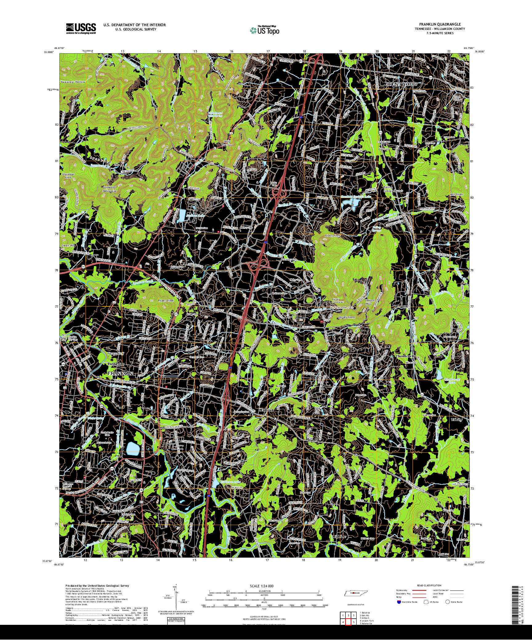 USGS US TOPO 7.5-MINUTE MAP FOR FRANKLIN, TN 2019