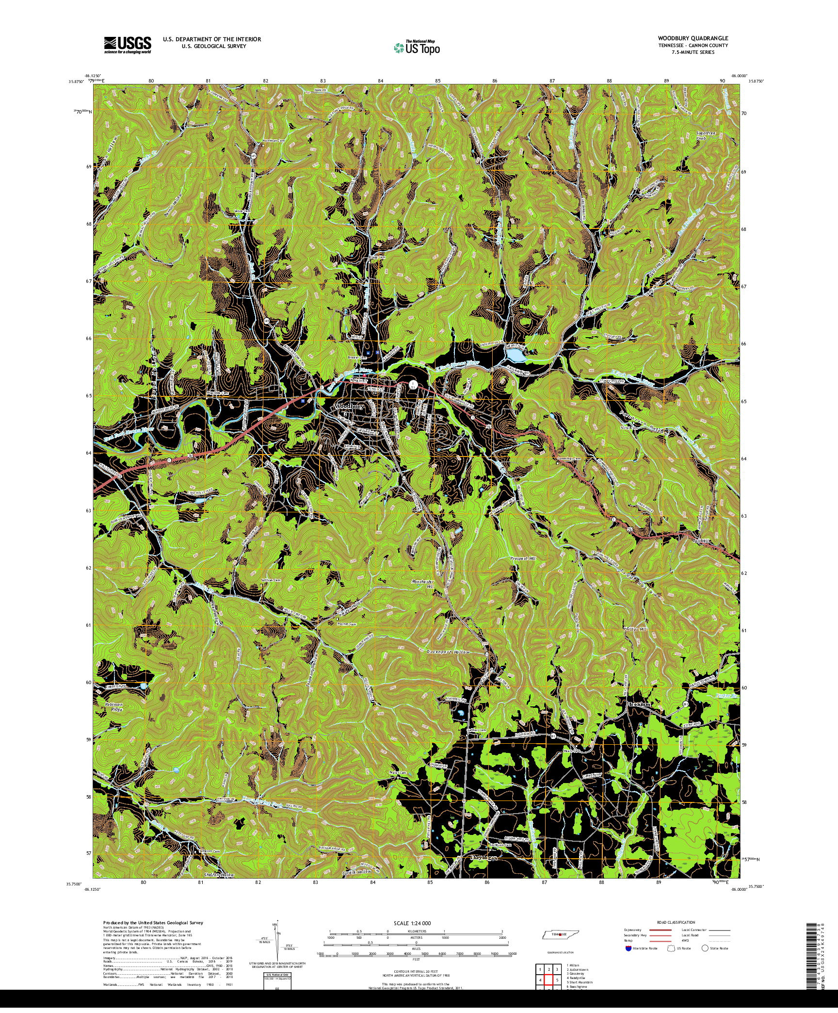 USGS US TOPO 7.5-MINUTE MAP FOR WOODBURY, TN 2019