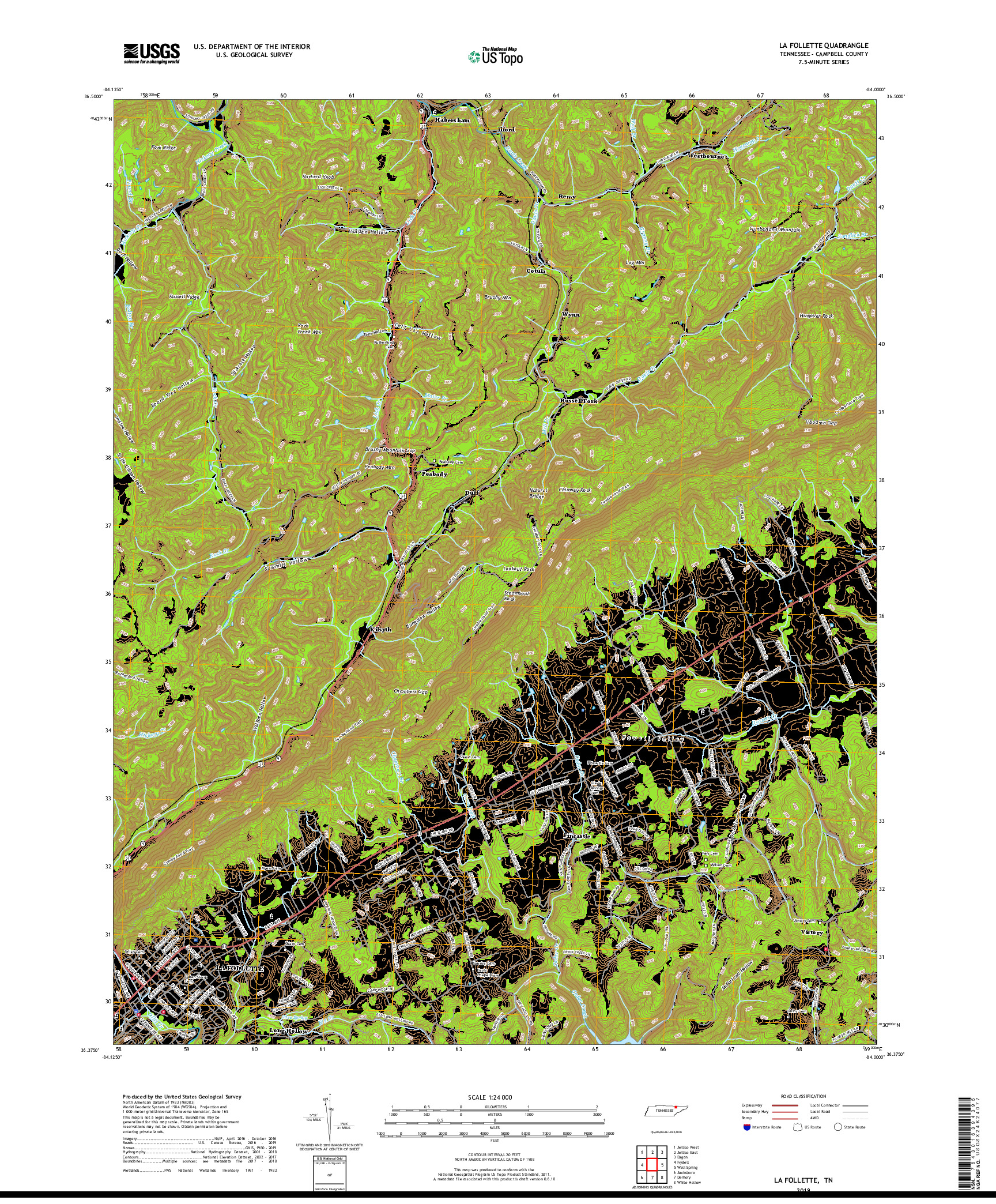 USGS US TOPO 7.5-MINUTE MAP FOR LA FOLLETTE, TN 2019