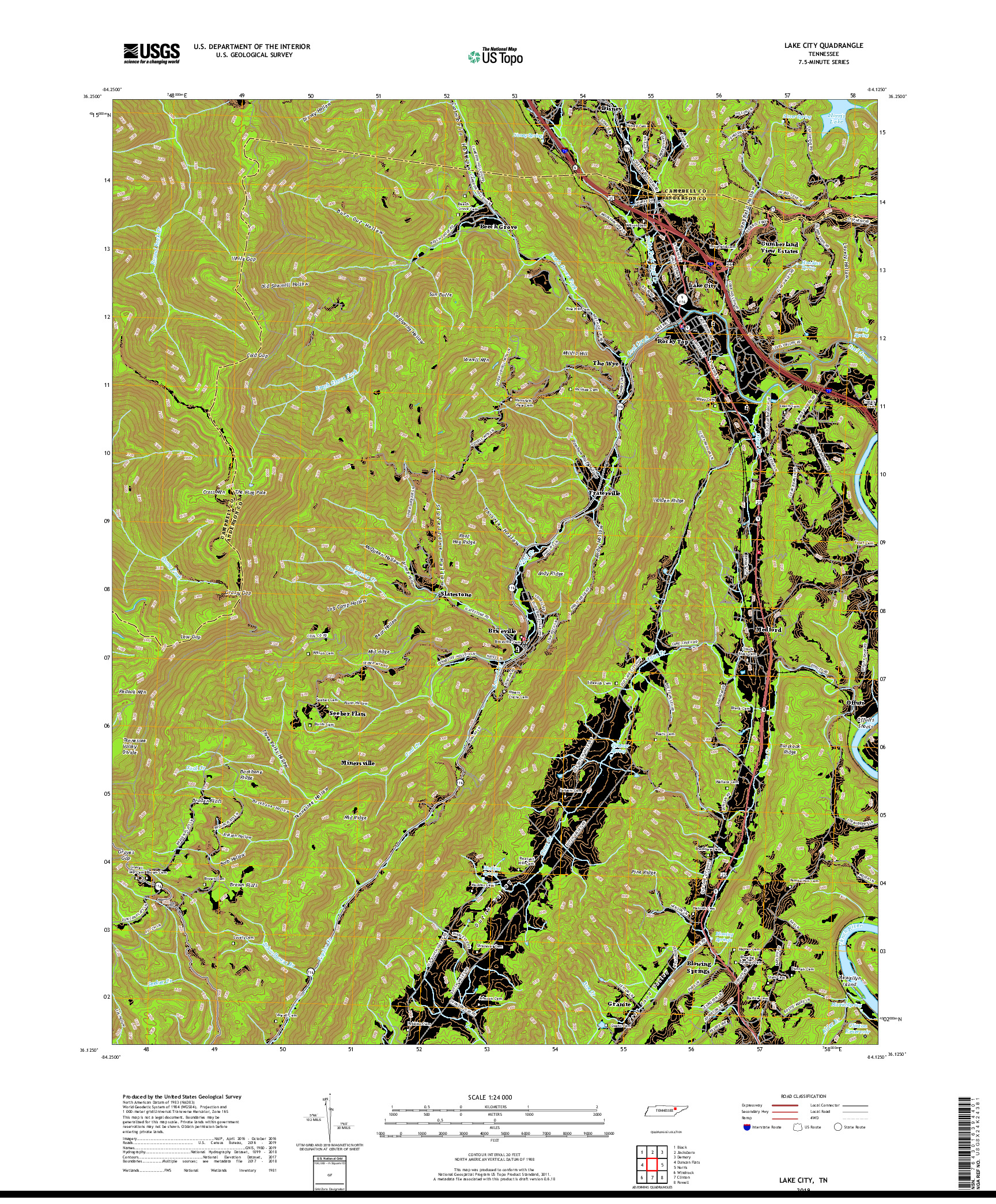 USGS US TOPO 7.5-MINUTE MAP FOR LAKE CITY, TN 2019