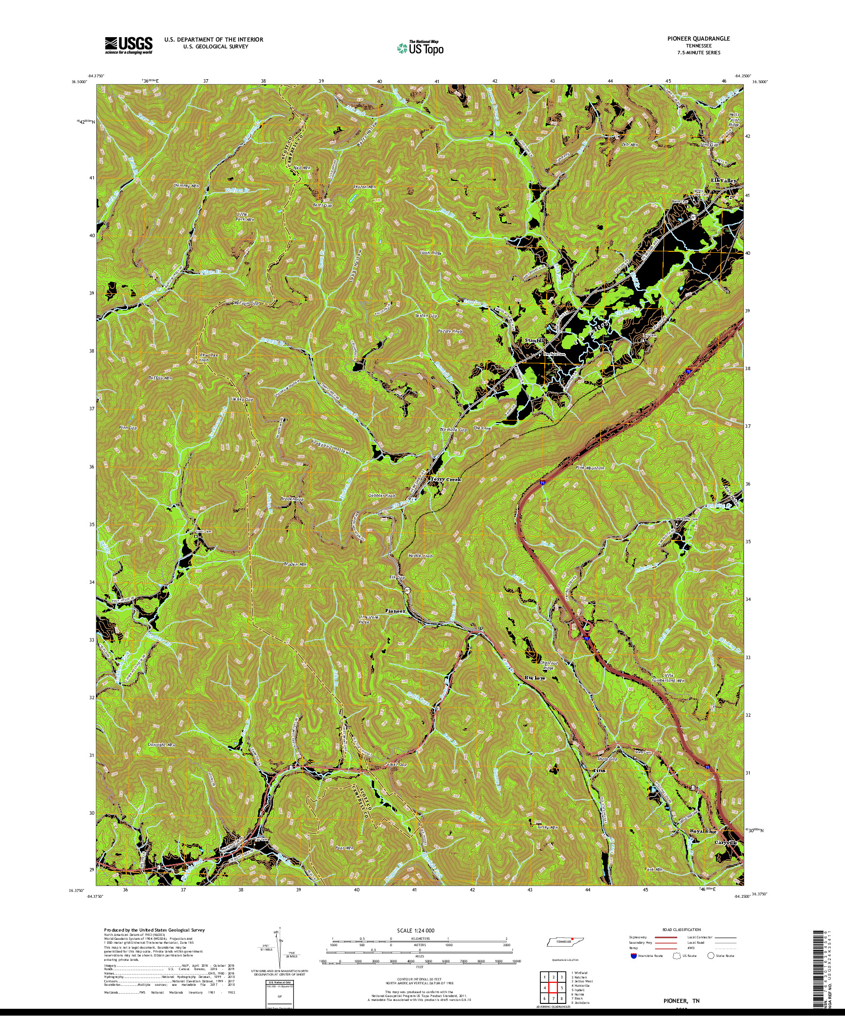 USGS US TOPO 7.5-MINUTE MAP FOR PIONEER, TN 2019