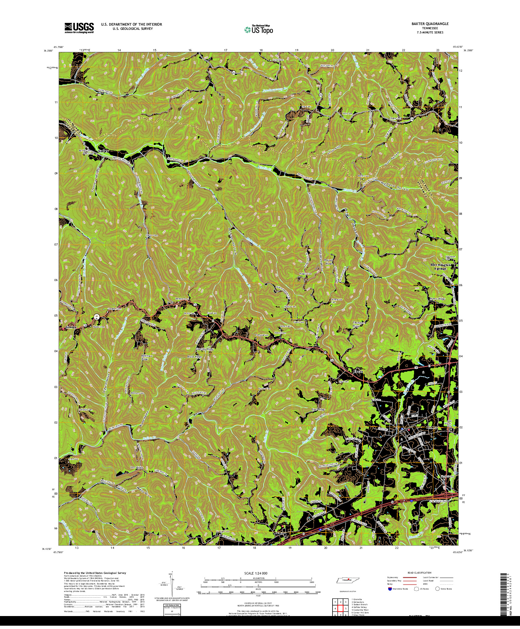 USGS US TOPO 7.5-MINUTE MAP FOR BAXTER, TN 2019