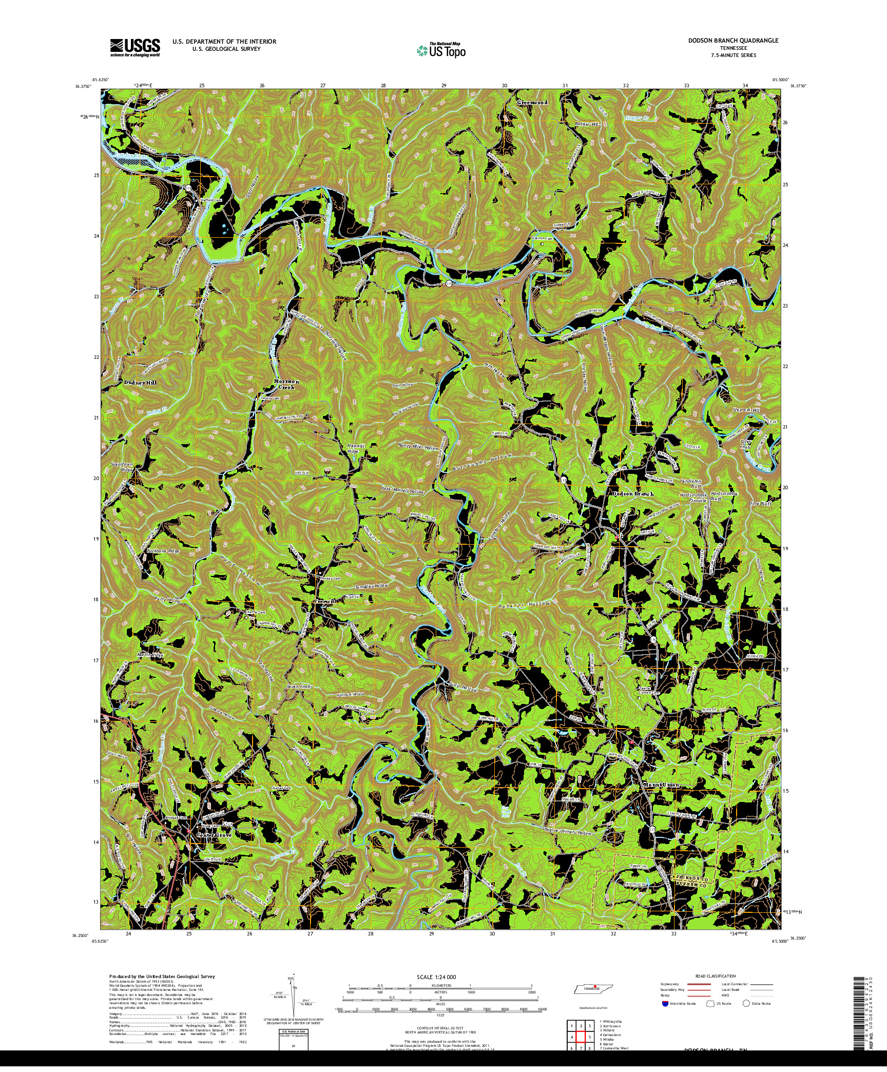 USGS US TOPO 7.5-MINUTE MAP FOR DODSON BRANCH, TN 2019