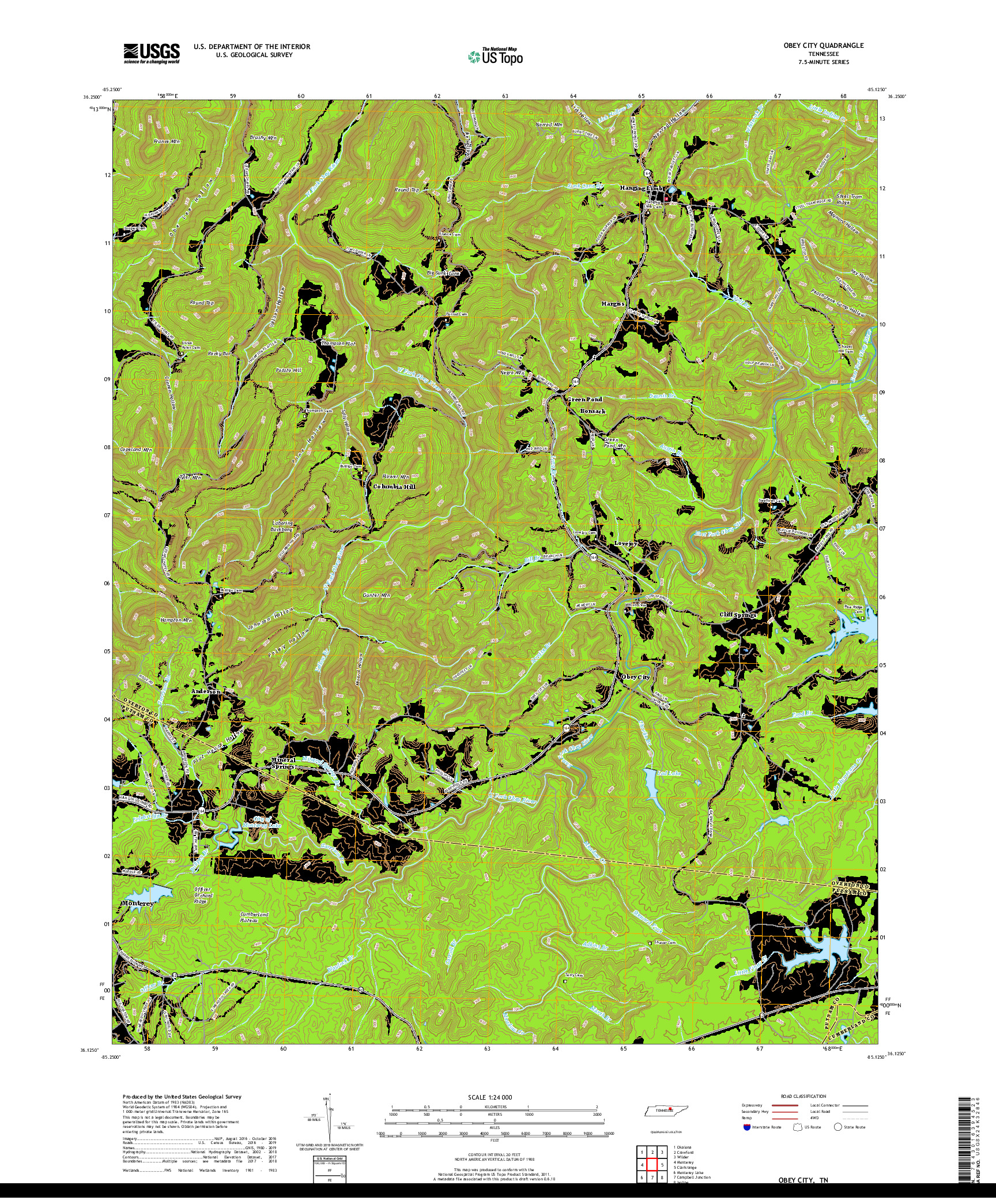 USGS US TOPO 7.5-MINUTE MAP FOR OBEY CITY, TN 2019