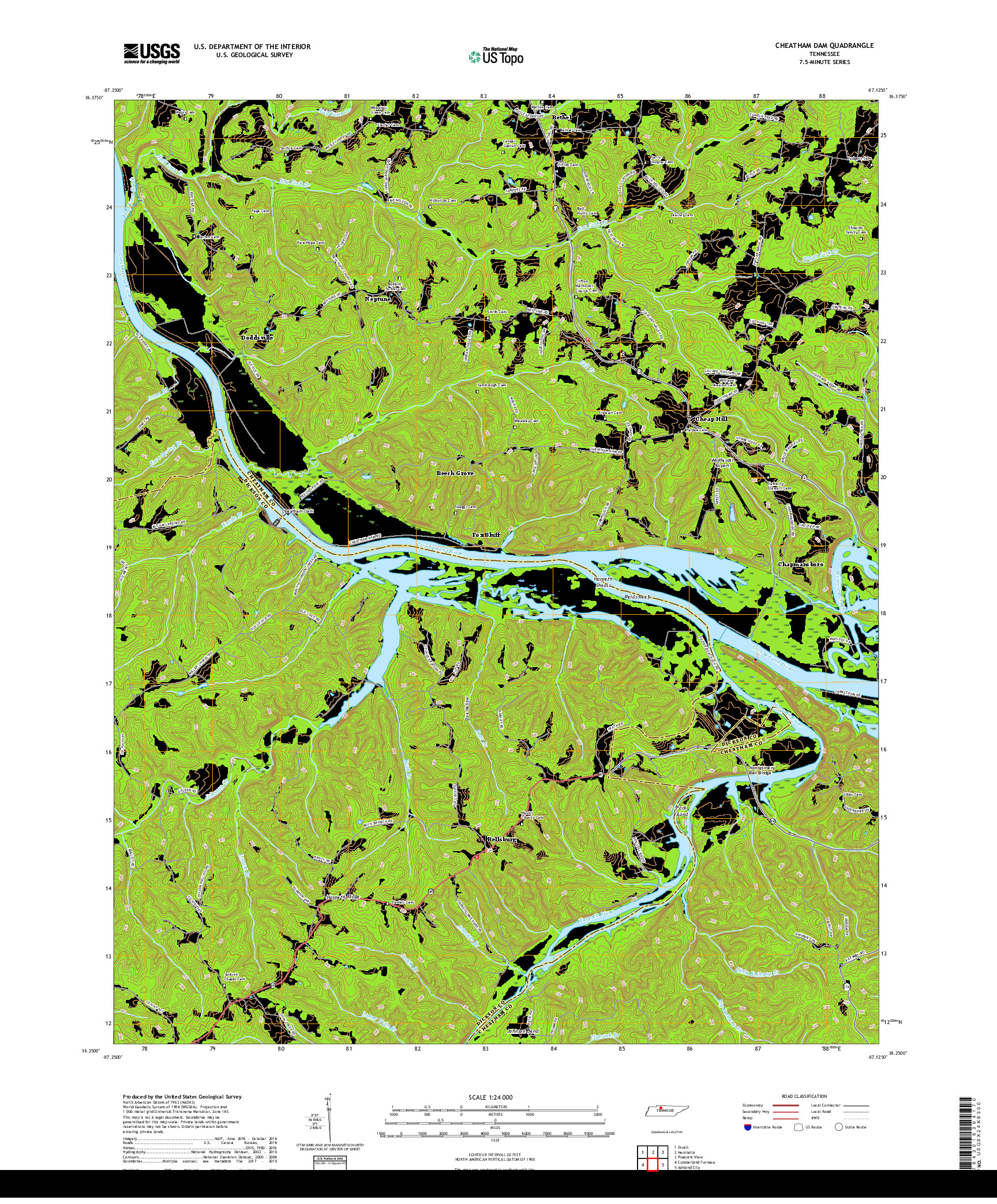 USGS US TOPO 7.5-MINUTE MAP FOR CHEATHAM DAM, TN 2019