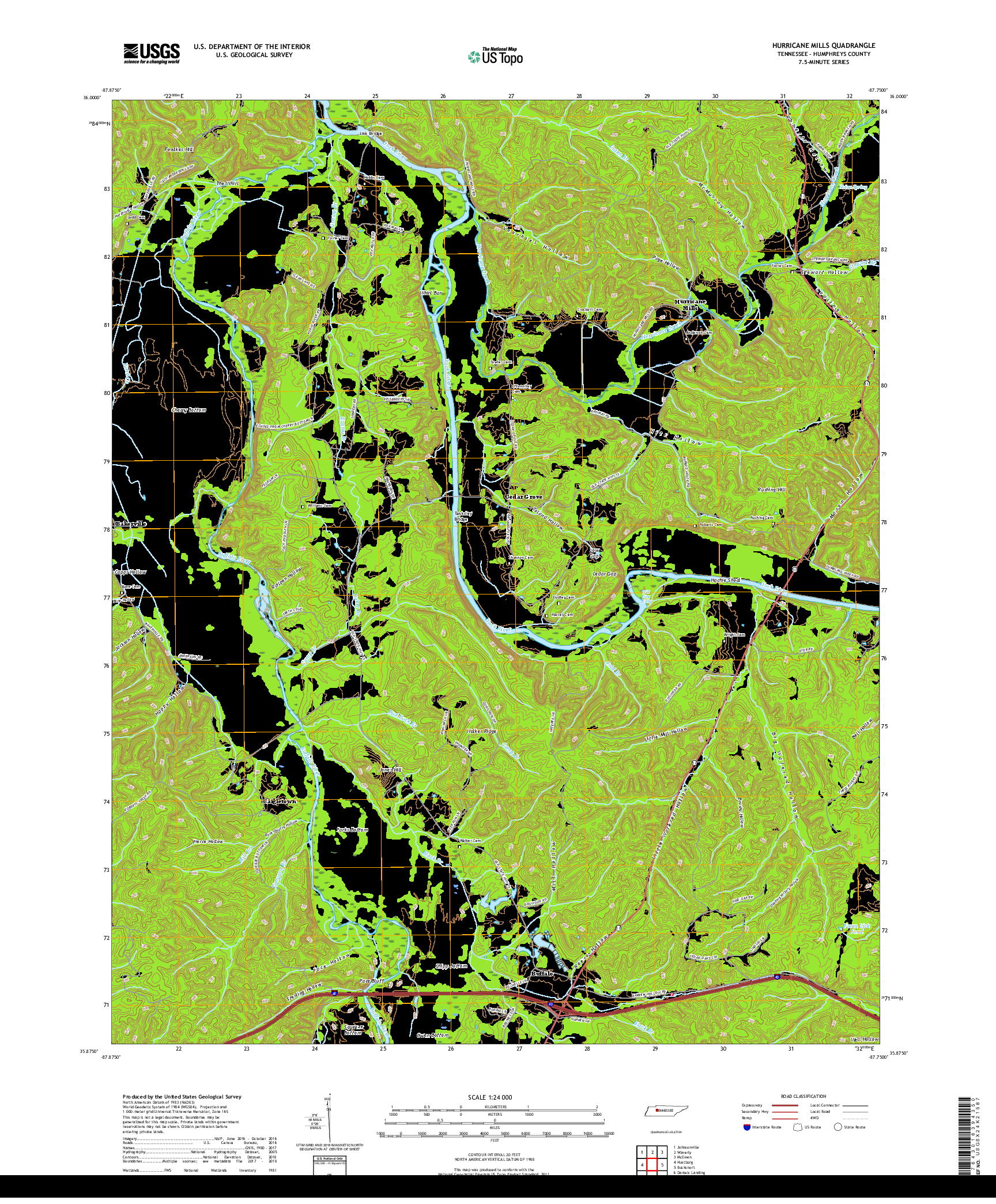 USGS US TOPO 7.5-MINUTE MAP FOR HURRICANE MILLS, TN 2019