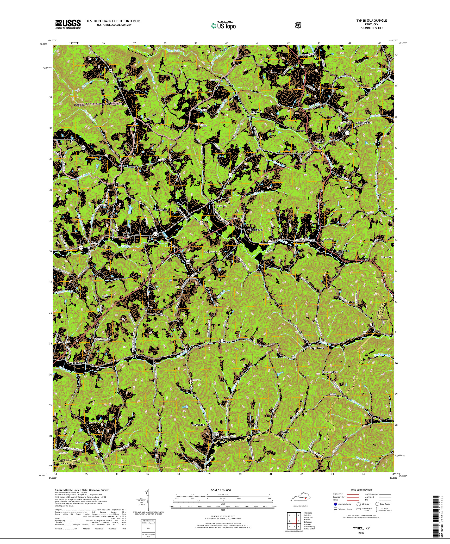 USGS US TOPO 7.5-MINUTE MAP FOR TYNER, KY 2019