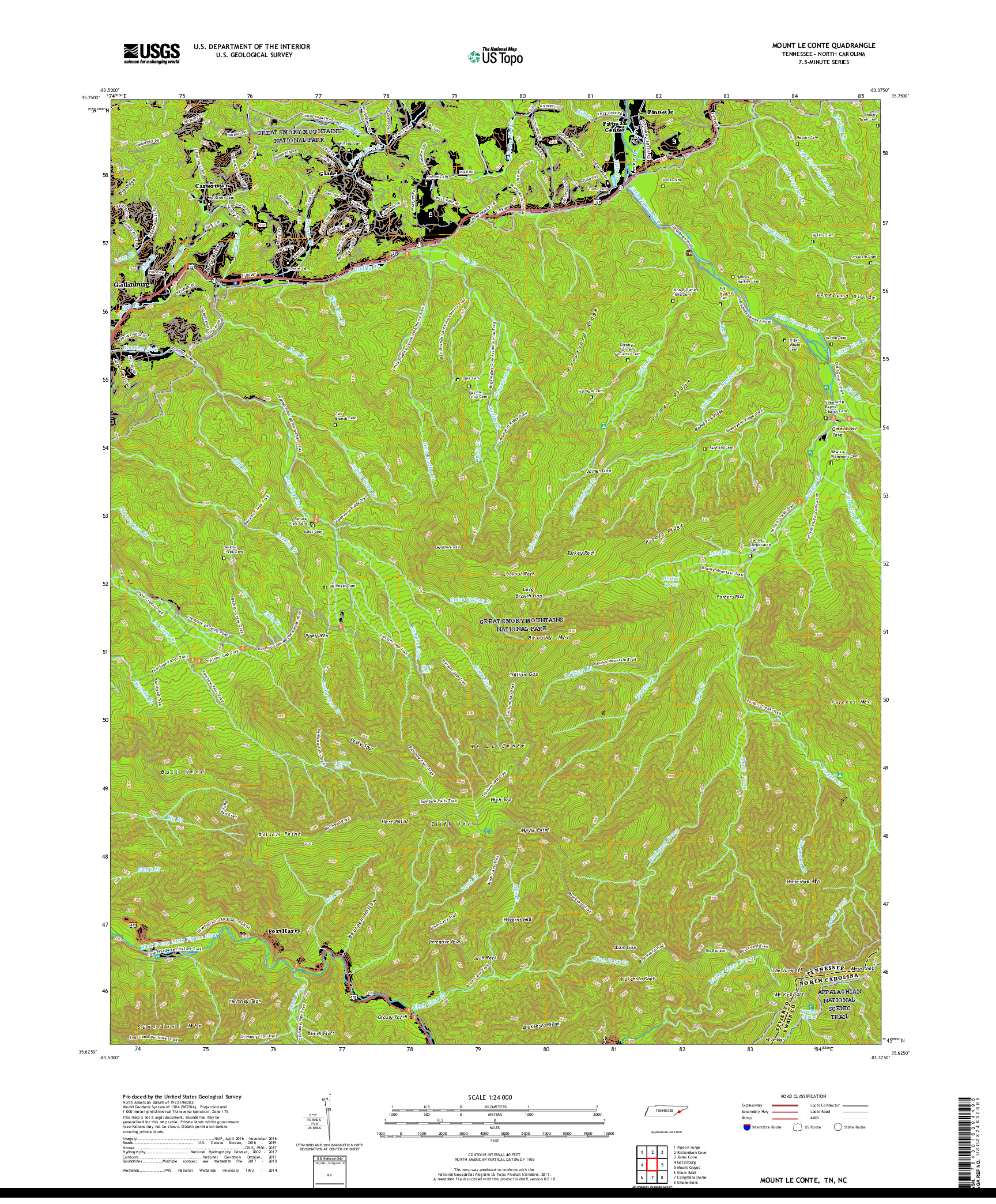 USGS US TOPO 7.5-MINUTE MAP FOR MOUNT LE CONTE, TN,NC 2019