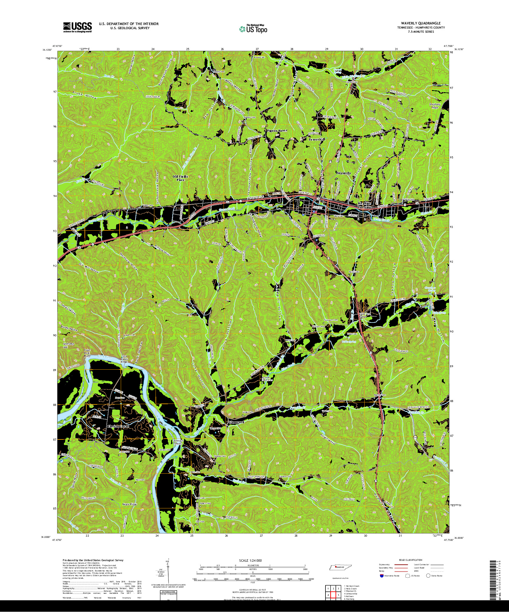 USGS US TOPO 7.5-MINUTE MAP FOR WAVERLY, TN 2019