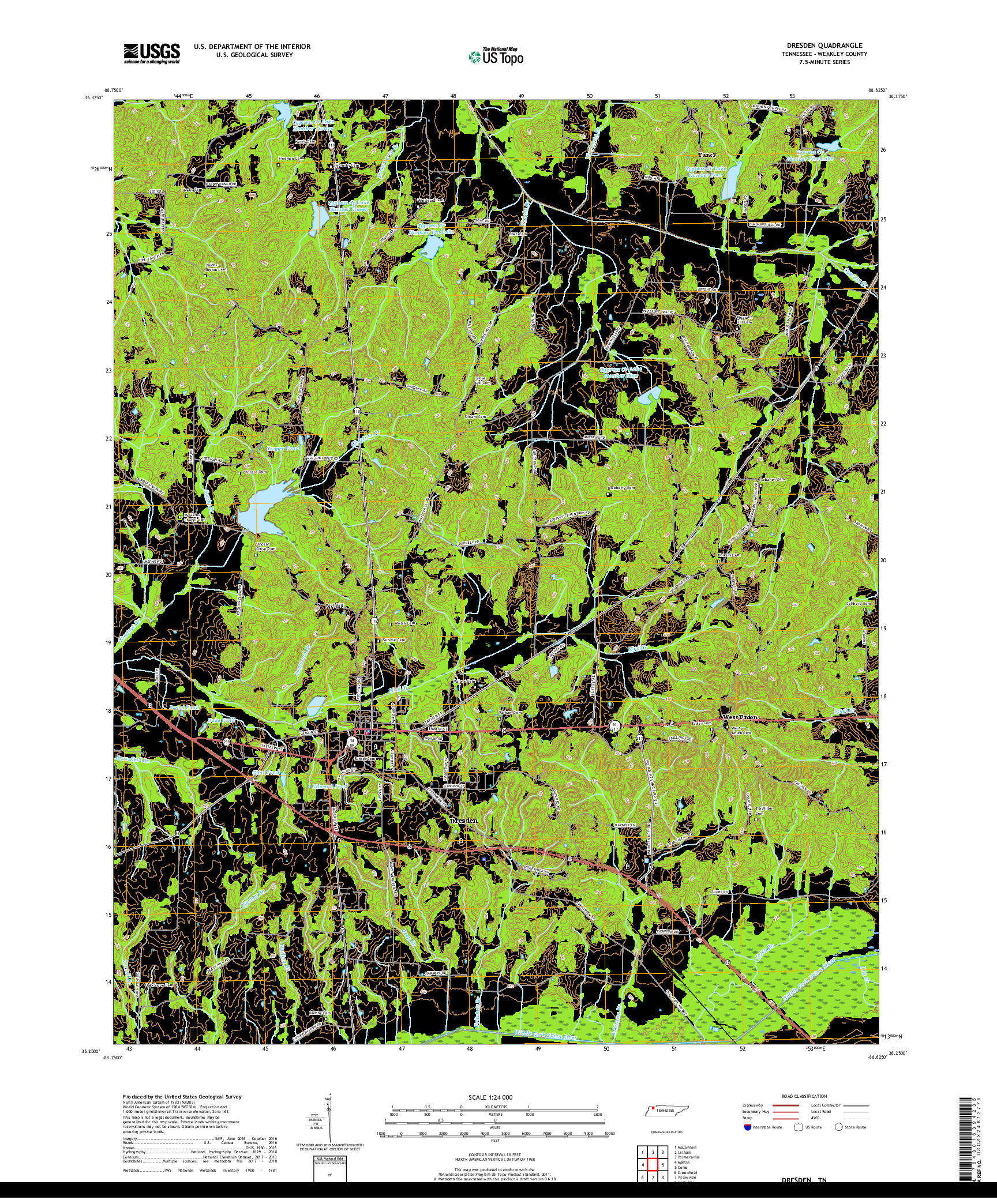 USGS US TOPO 7.5-MINUTE MAP FOR DRESDEN, TN 2019