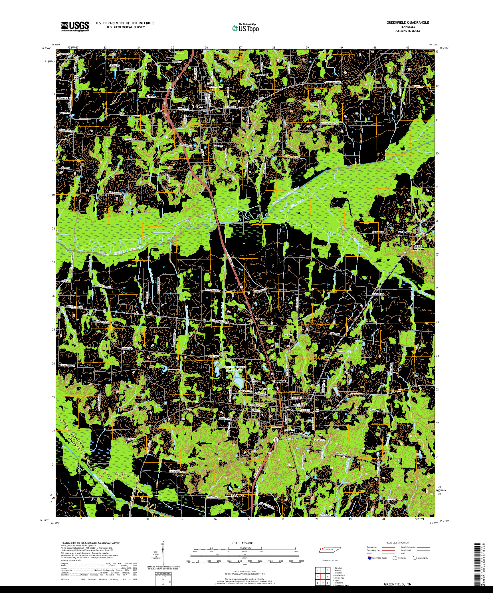 USGS US TOPO 7.5-MINUTE MAP FOR GREENFIELD, TN 2019