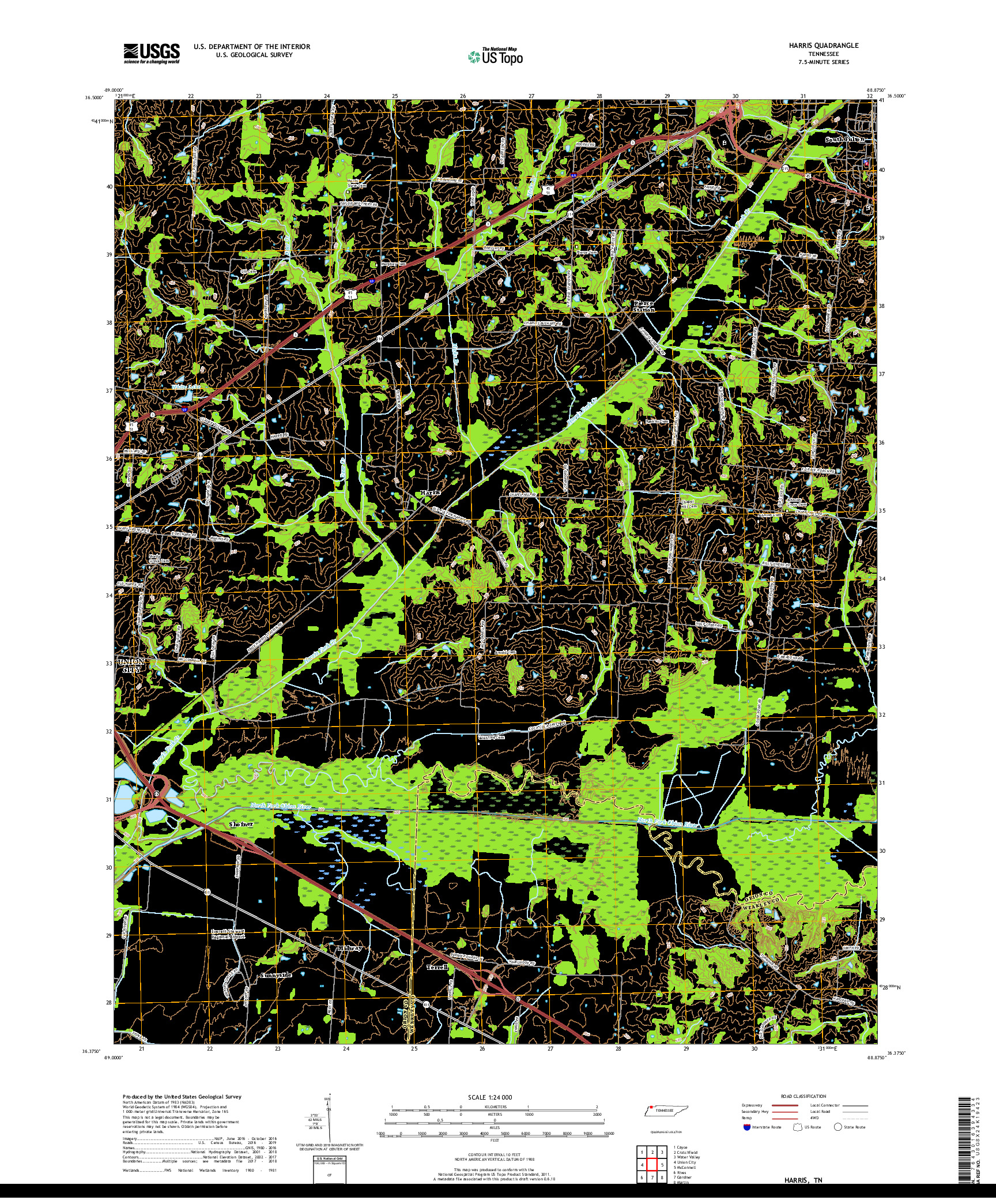 USGS US TOPO 7.5-MINUTE MAP FOR HARRIS, TN 2019