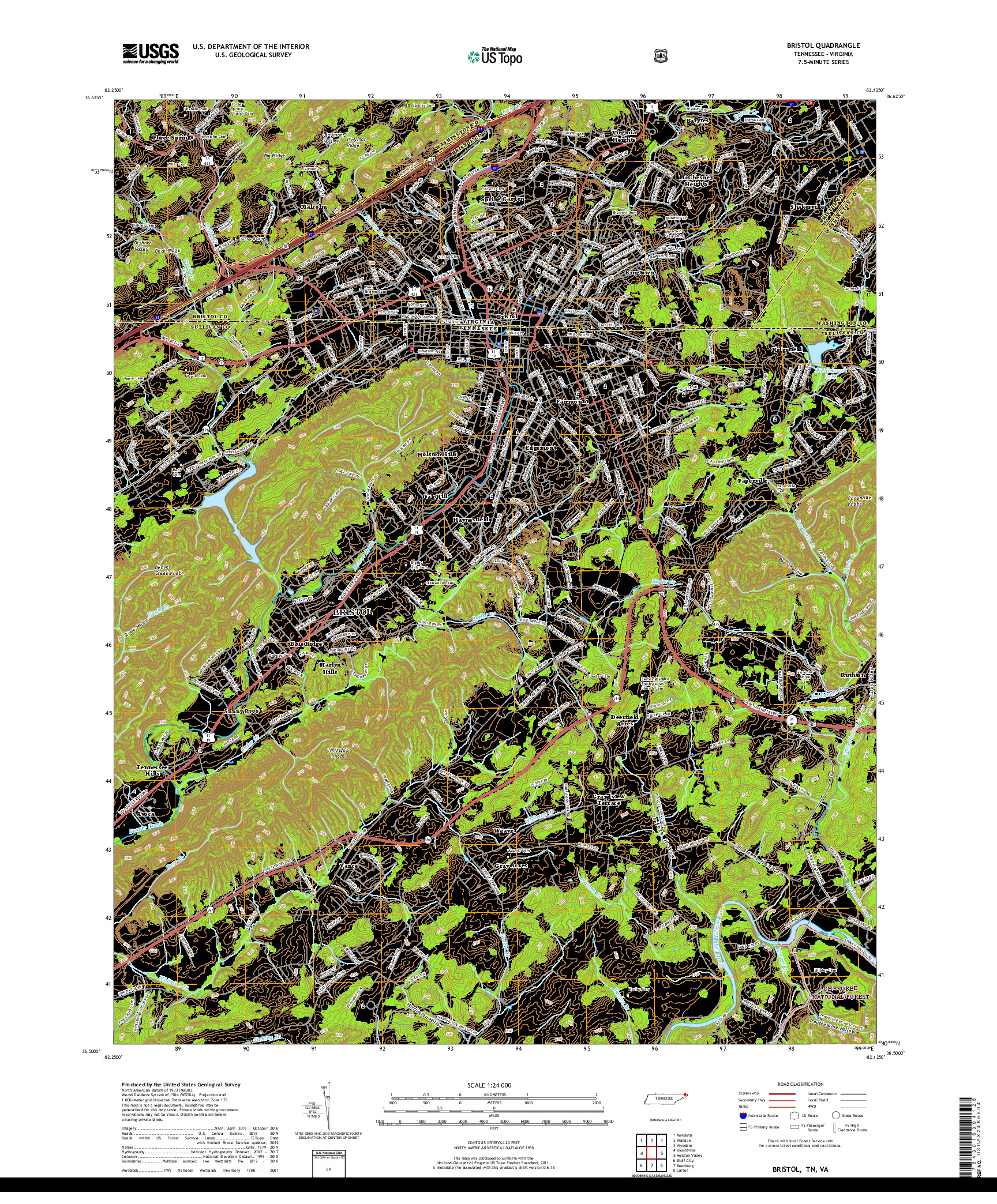 USGS US TOPO 7.5-MINUTE MAP FOR BRISTOL, TN,VA 2019