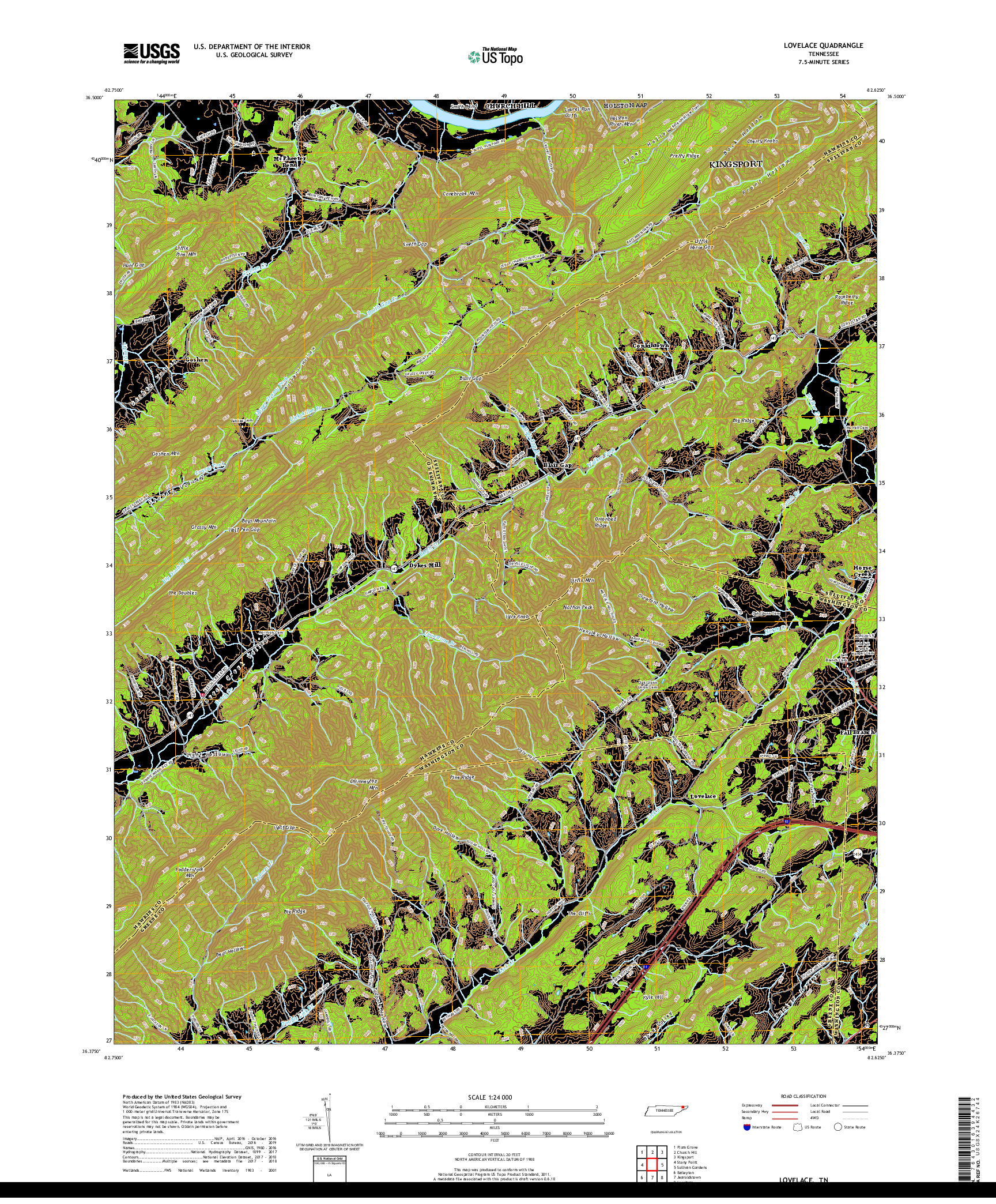 USGS US TOPO 7.5-MINUTE MAP FOR LOVELACE, TN 2019