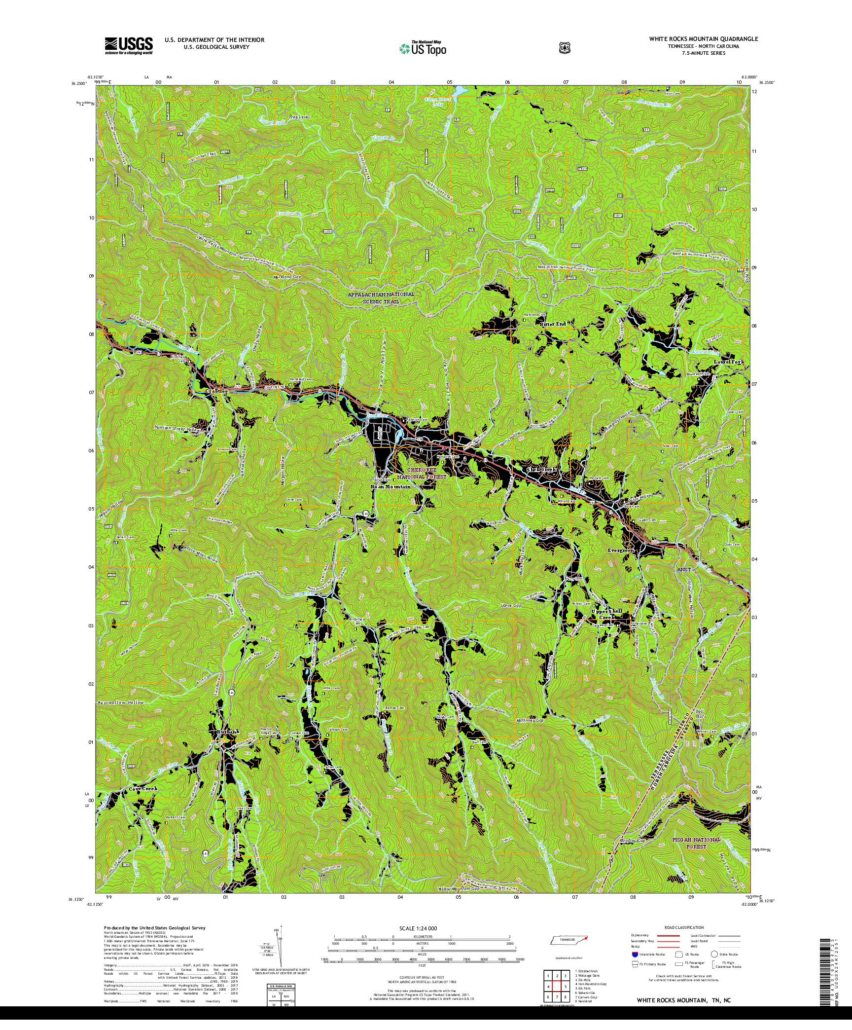 USGS US TOPO 7.5-MINUTE MAP FOR WHITE ROCKS MOUNTAIN, TN,NC 2019