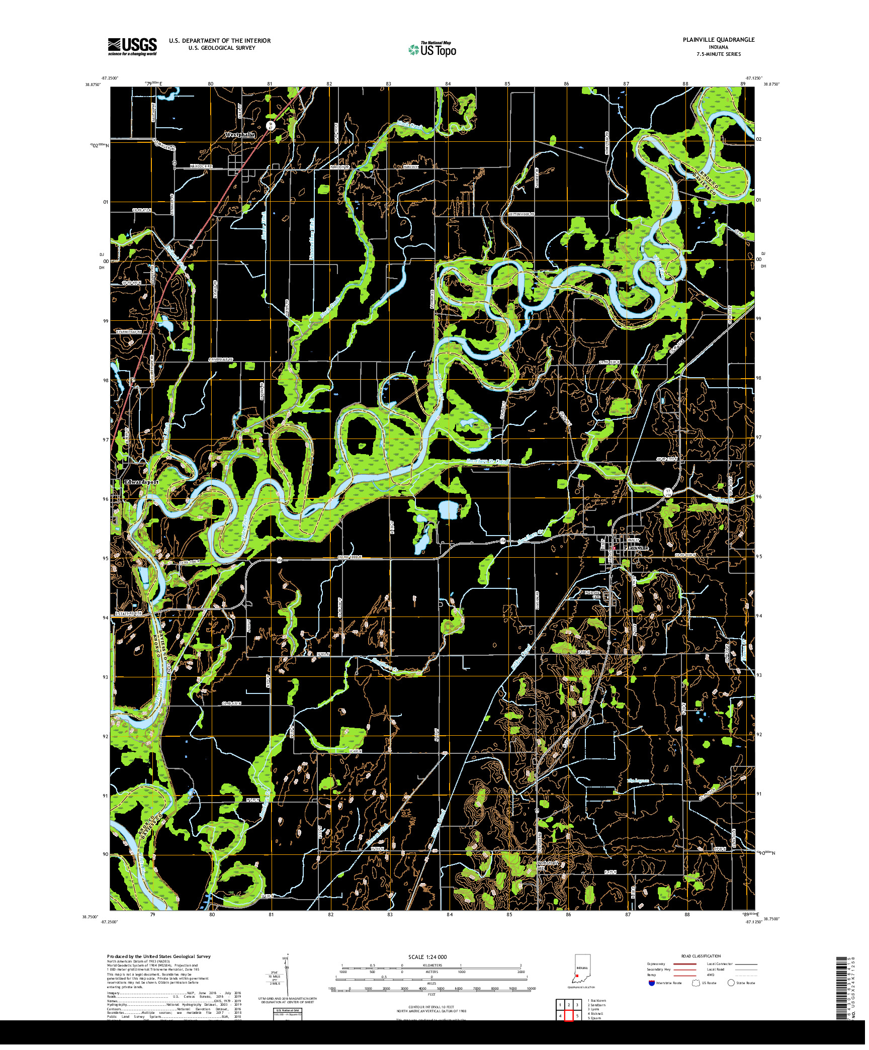 USGS US TOPO 7.5-MINUTE MAP FOR PLAINVILLE, IN 2019