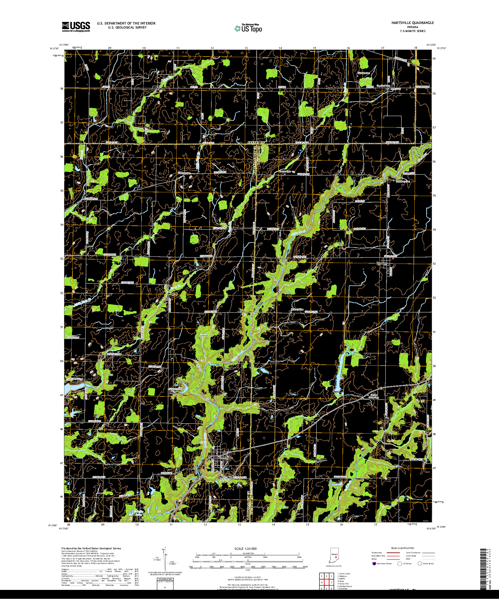 USGS US TOPO 7.5-MINUTE MAP FOR HARTSVILLE, IN 2019