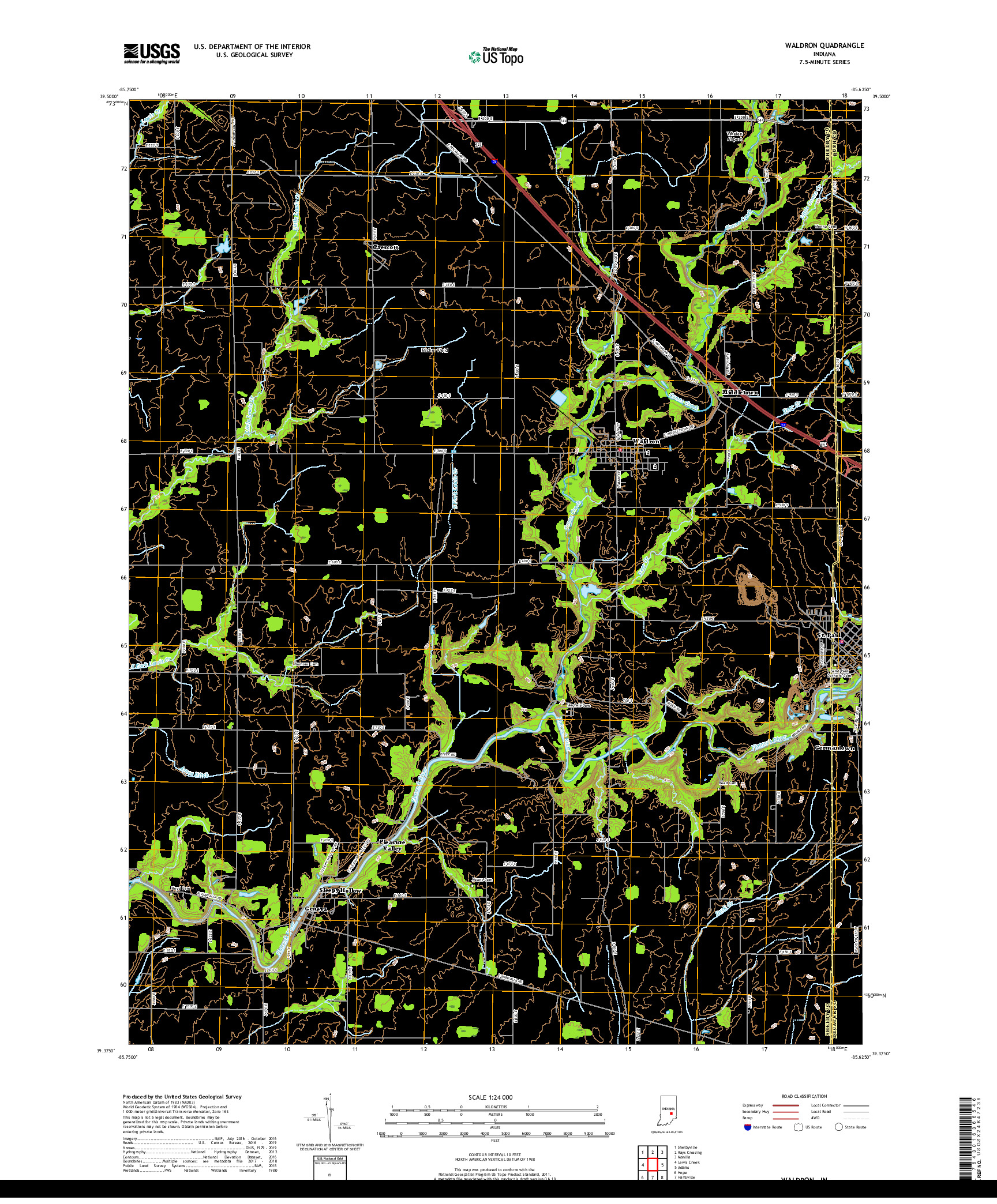 USGS US TOPO 7.5-MINUTE MAP FOR WALDRON, IN 2019