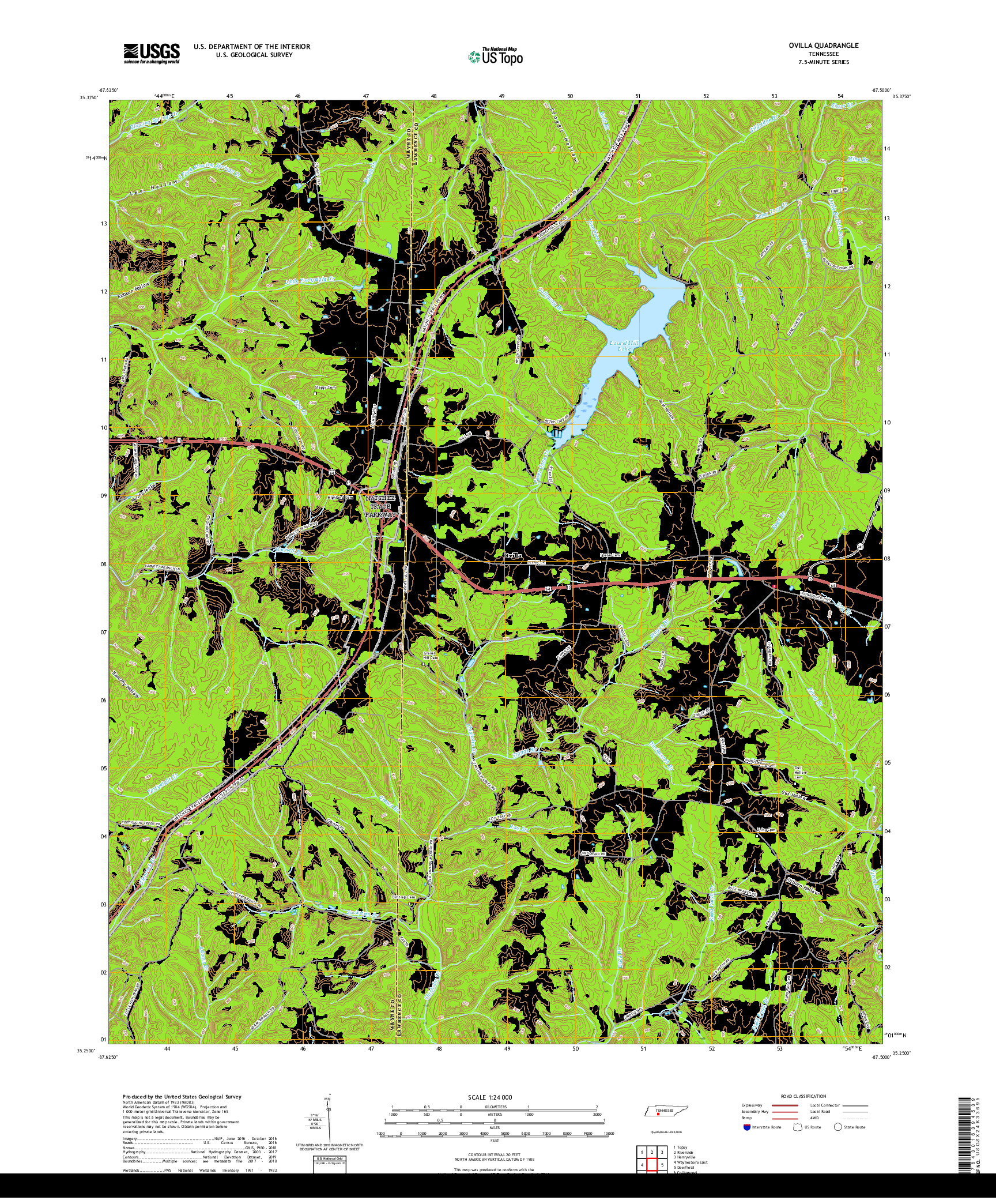 USGS US TOPO 7.5-MINUTE MAP FOR OVILLA, TN 2019